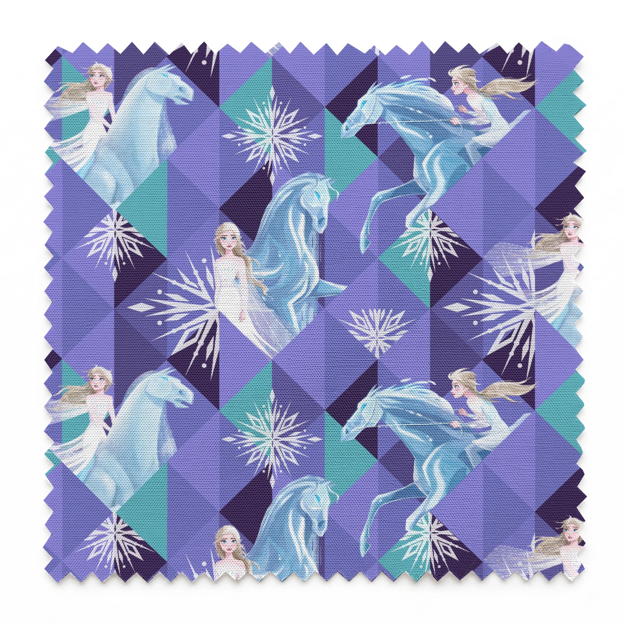 Disney's Frozen pattern with Elsa on horses against purple geometric background with snowflakes springs swatch pinked