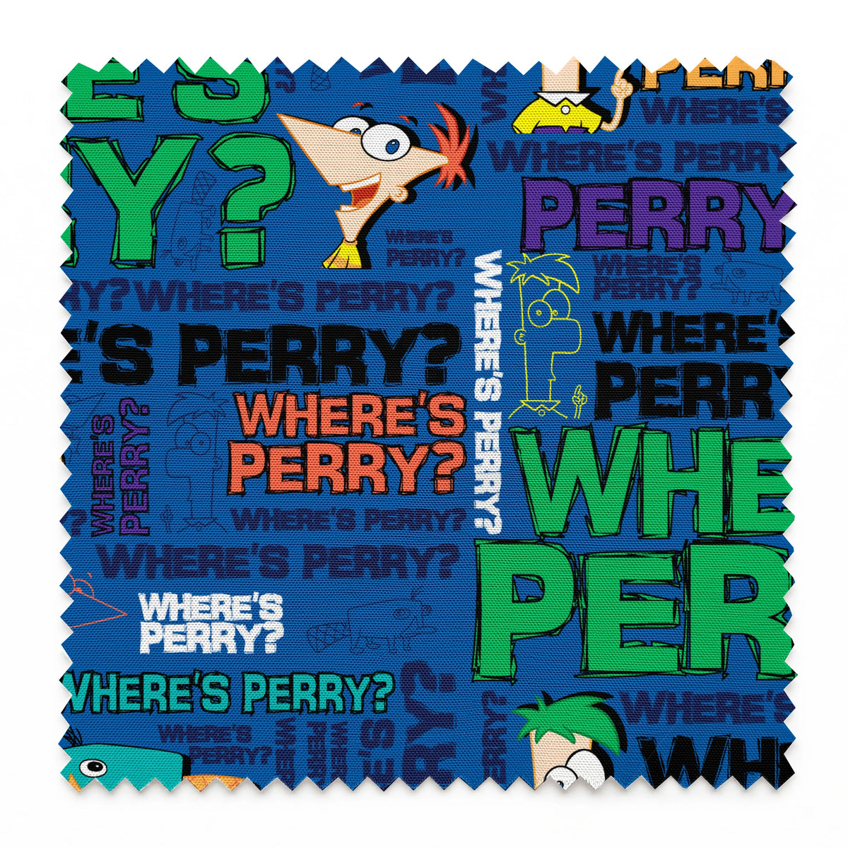 Phineas & Ferb pattern with "WHERE'S PERRY?" text repeated in various colors on blue background springs swatch pinked