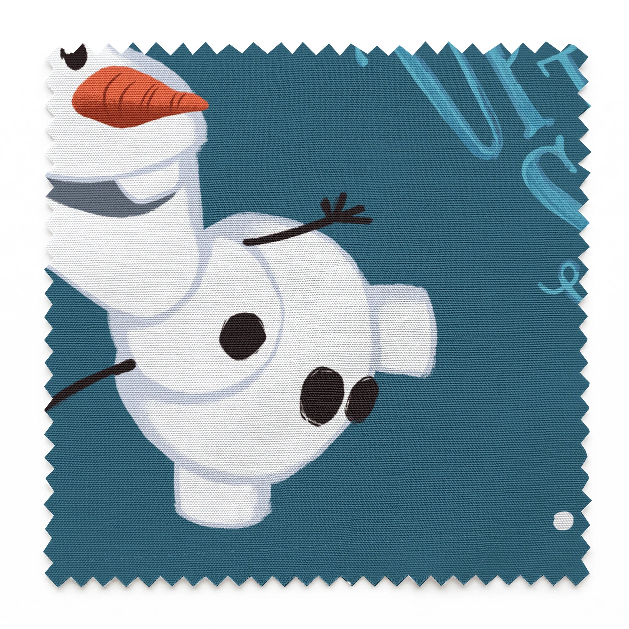 Playful Olaf  pattern with "Let It Snow" text on teal background with snowflakes springs swatch pinked