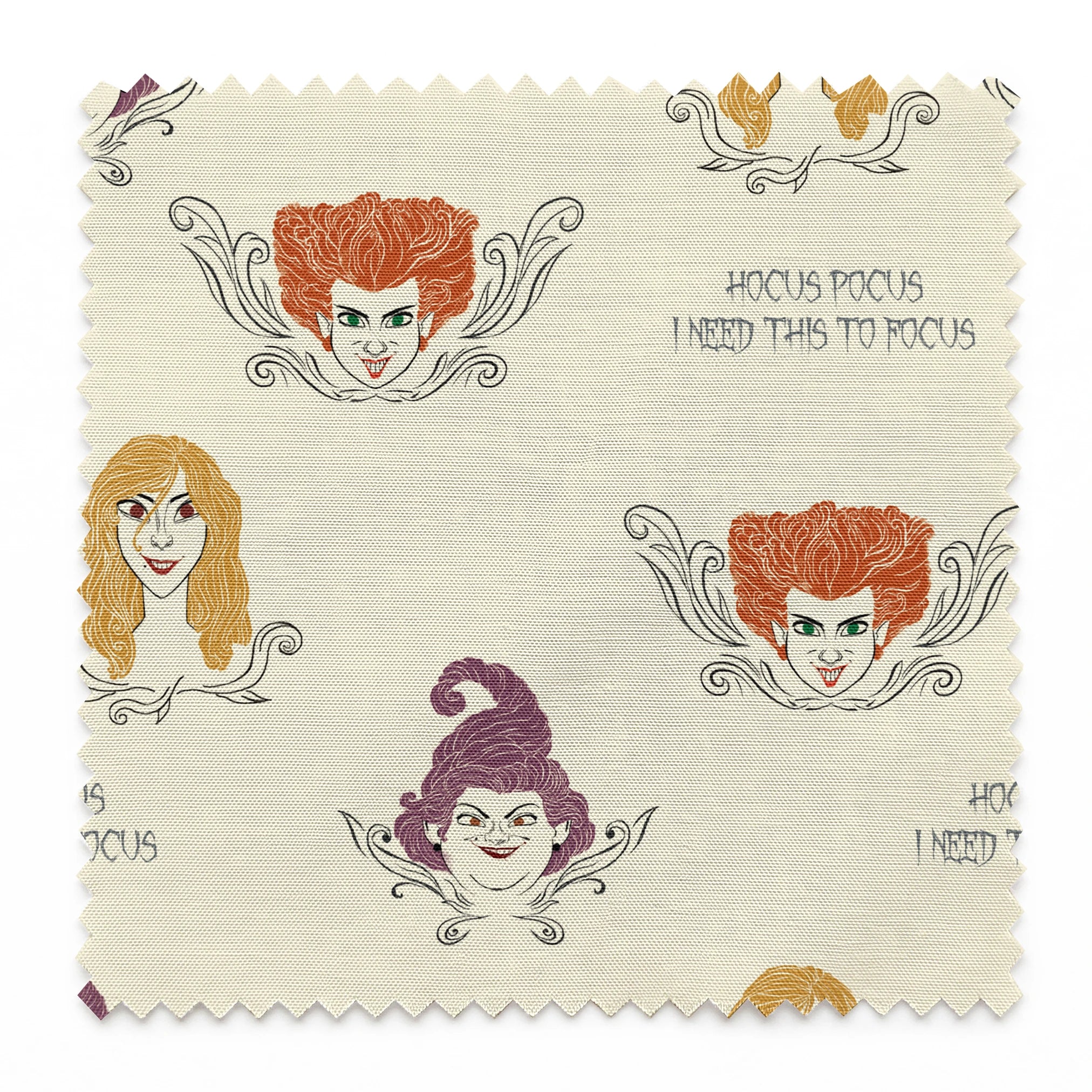 Pattern of illustrated magical characters with orange, blonde and purple hair on cream background with "Hocus Pocus" text springs swatch pinked