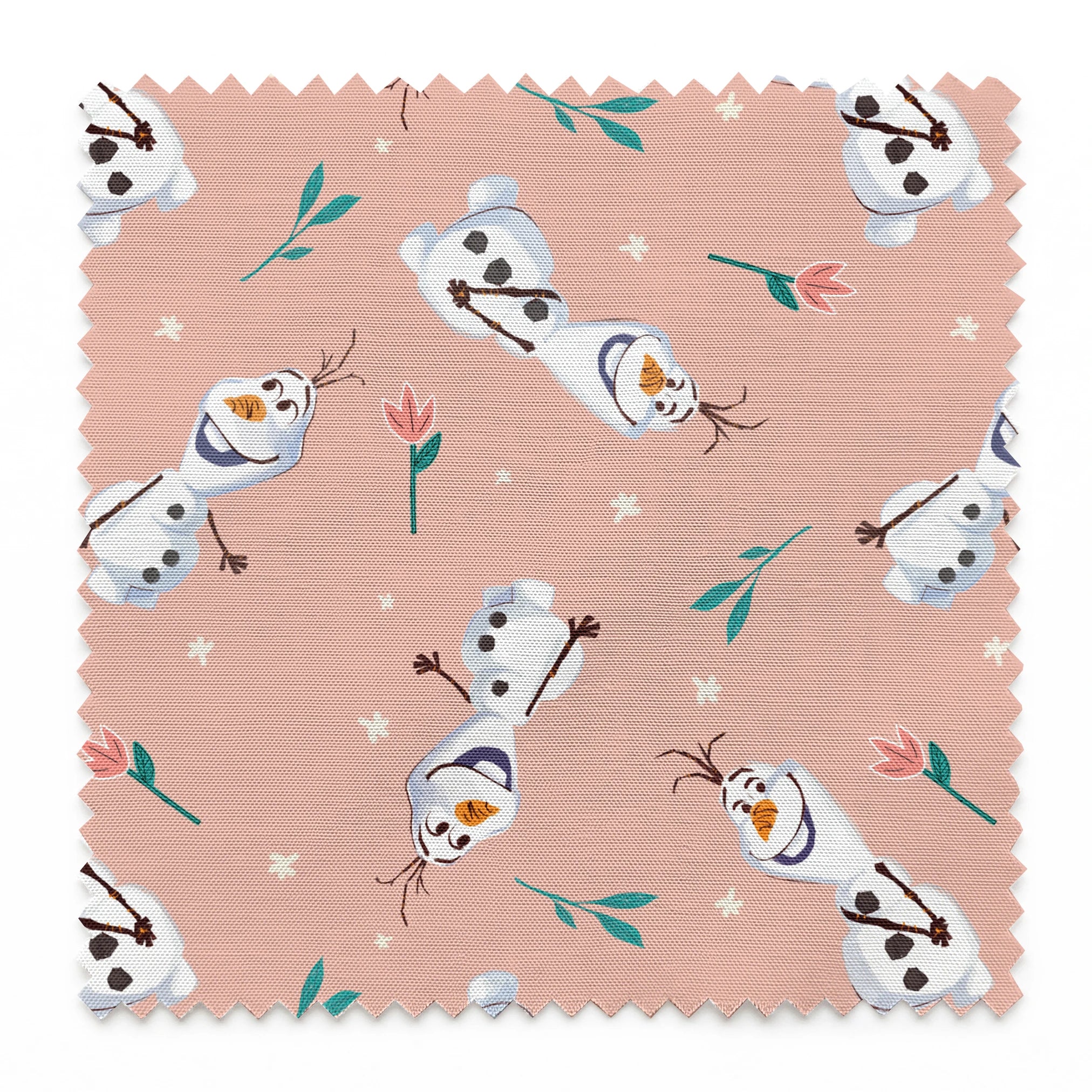 Playful pattern of Olaf scattered with green leaves on a peachy pink background springs swatch pinked