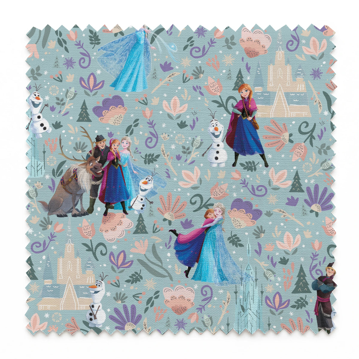 Frozen-themed pattern with the iconic characters, snowmen, flowers, and swirls on a light blue background springs swatch pinked