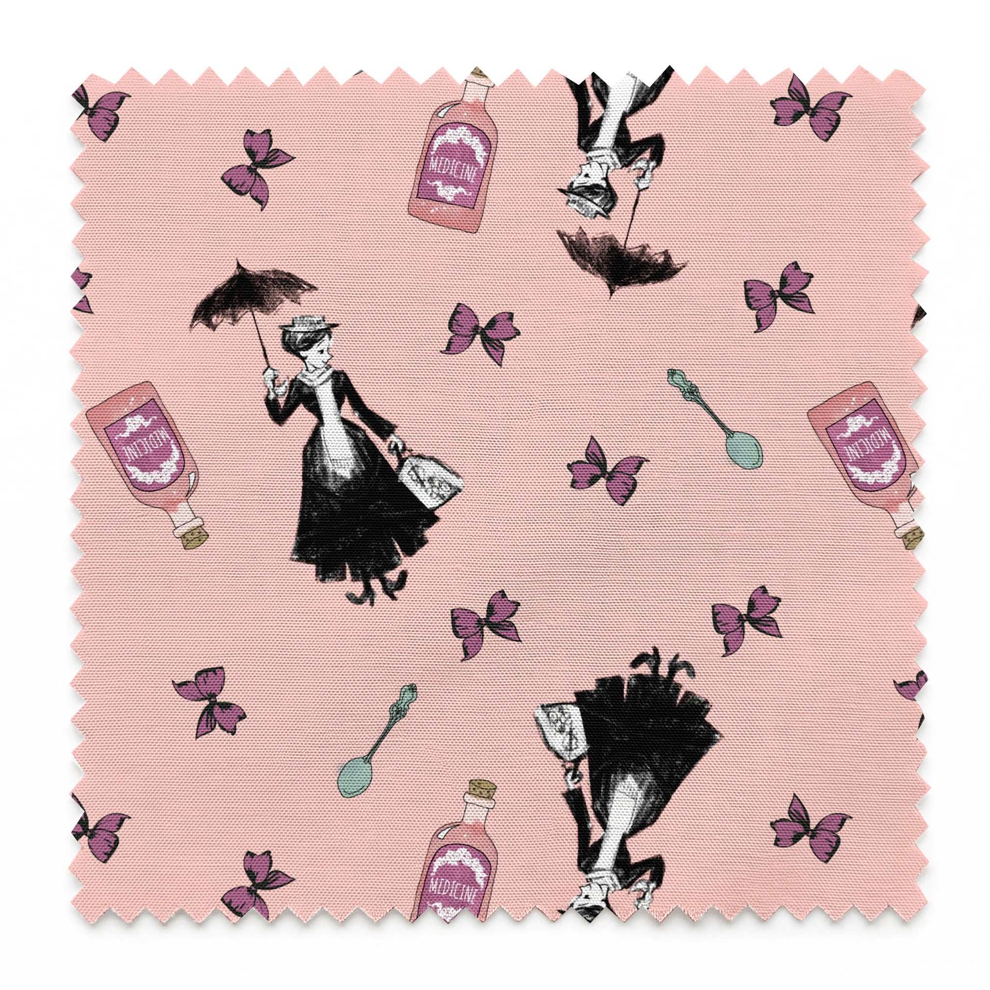 Whimsical illustration on pink background featuring Mary Poppins, purple bottles, and floating bows springs swatch pinked