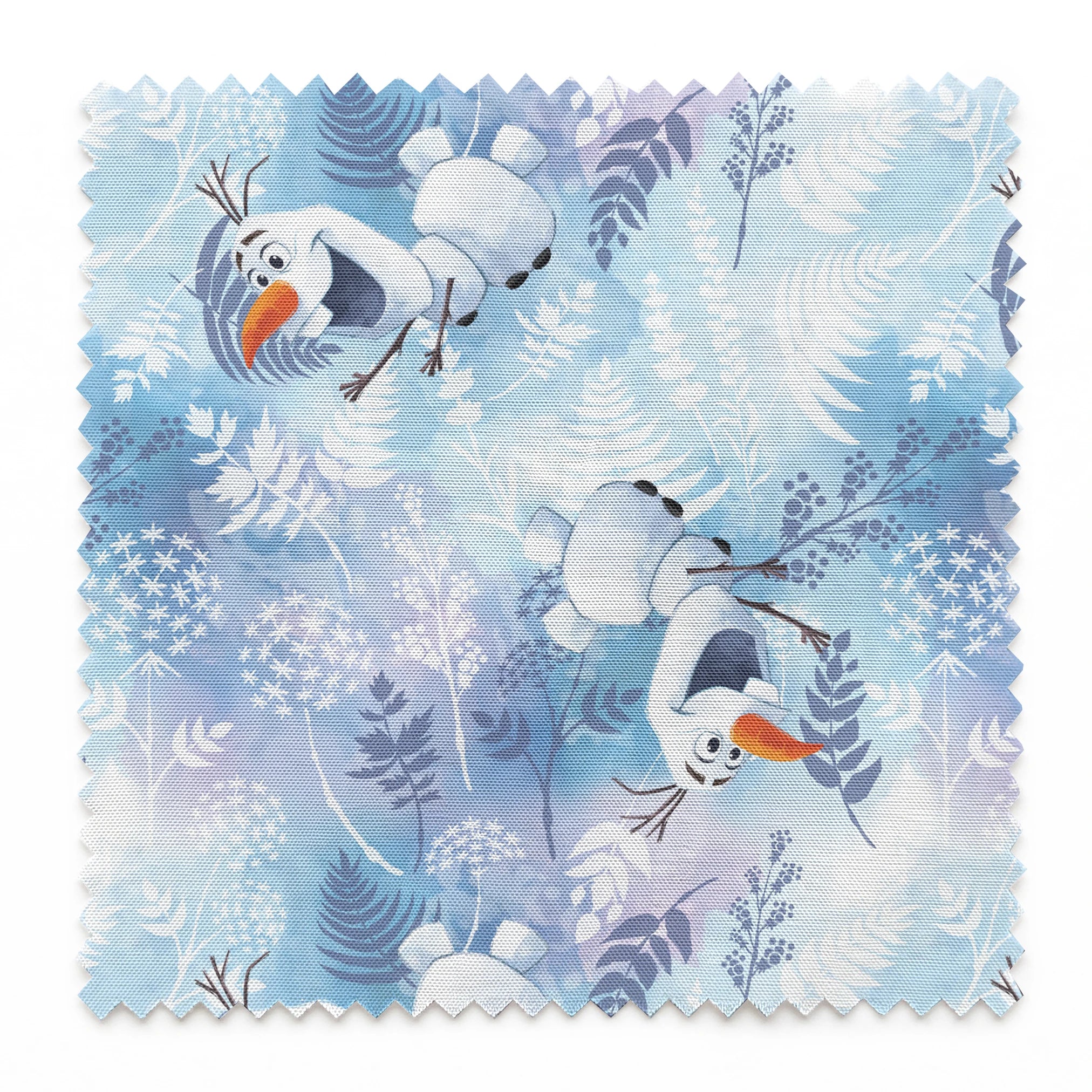 Cheerful Olaf playing among delicate ferns and snowflakes on a light blue background springs swatch pinked