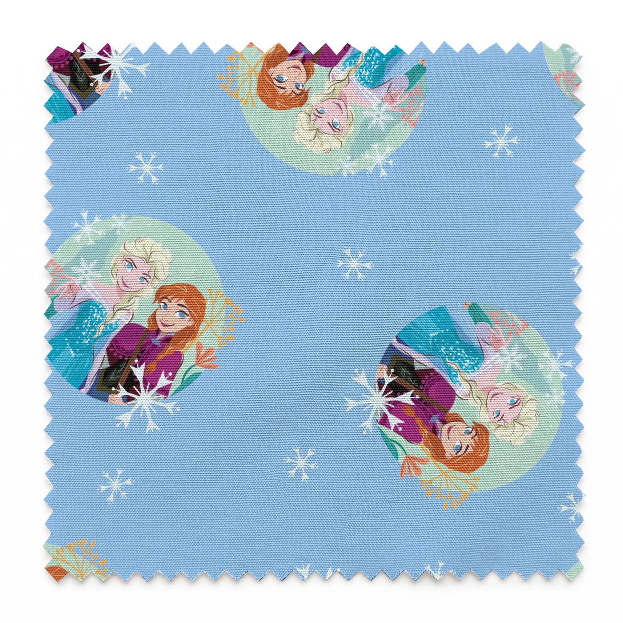 Light blue background with repeating circular motifs of "Frozen" characters and snowflakes in a decorative pattern springs swatch pinked