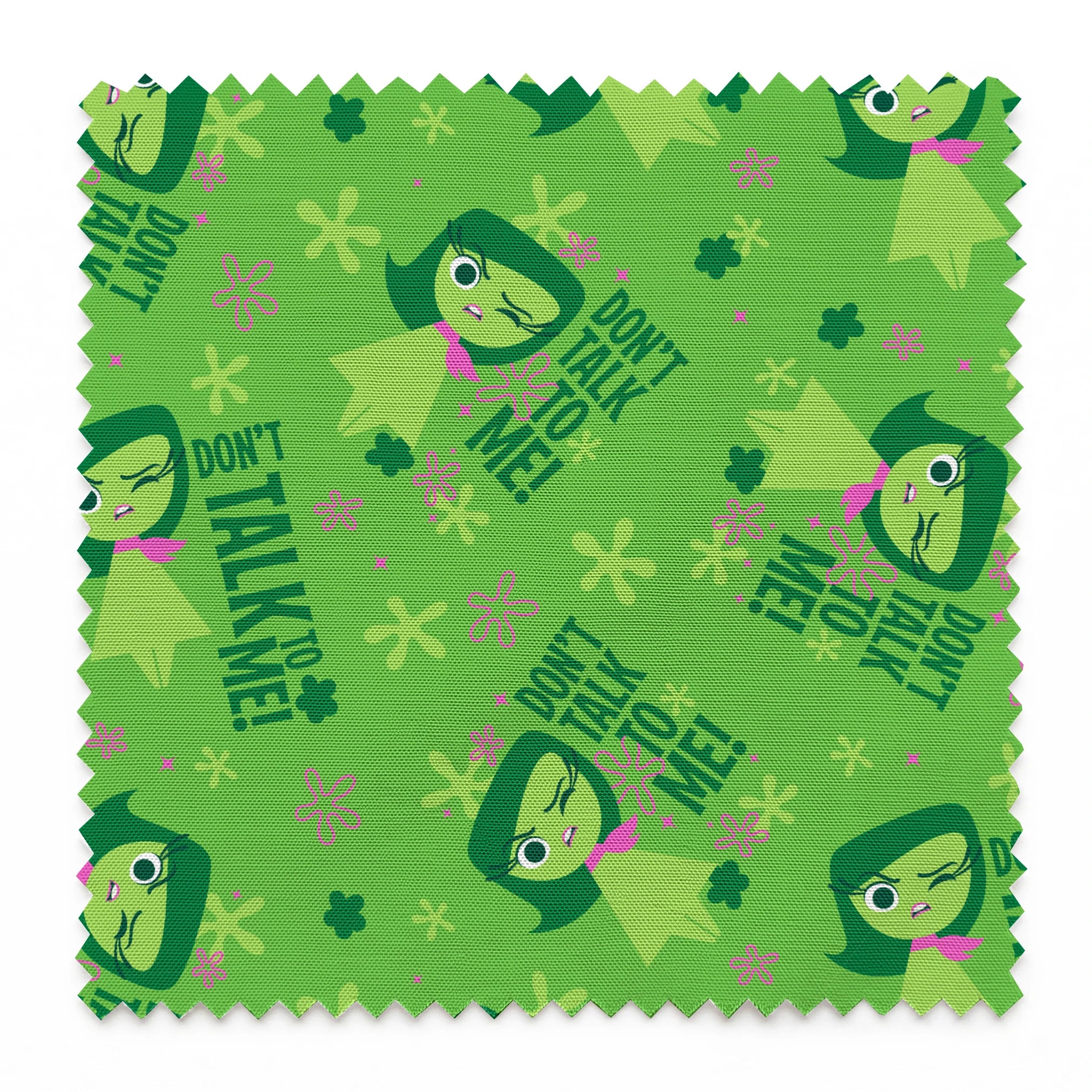 Green background with Disgust from Inside Out and "Don't Talk To Me" text, featuring stars and floral elements springs swatch pinked