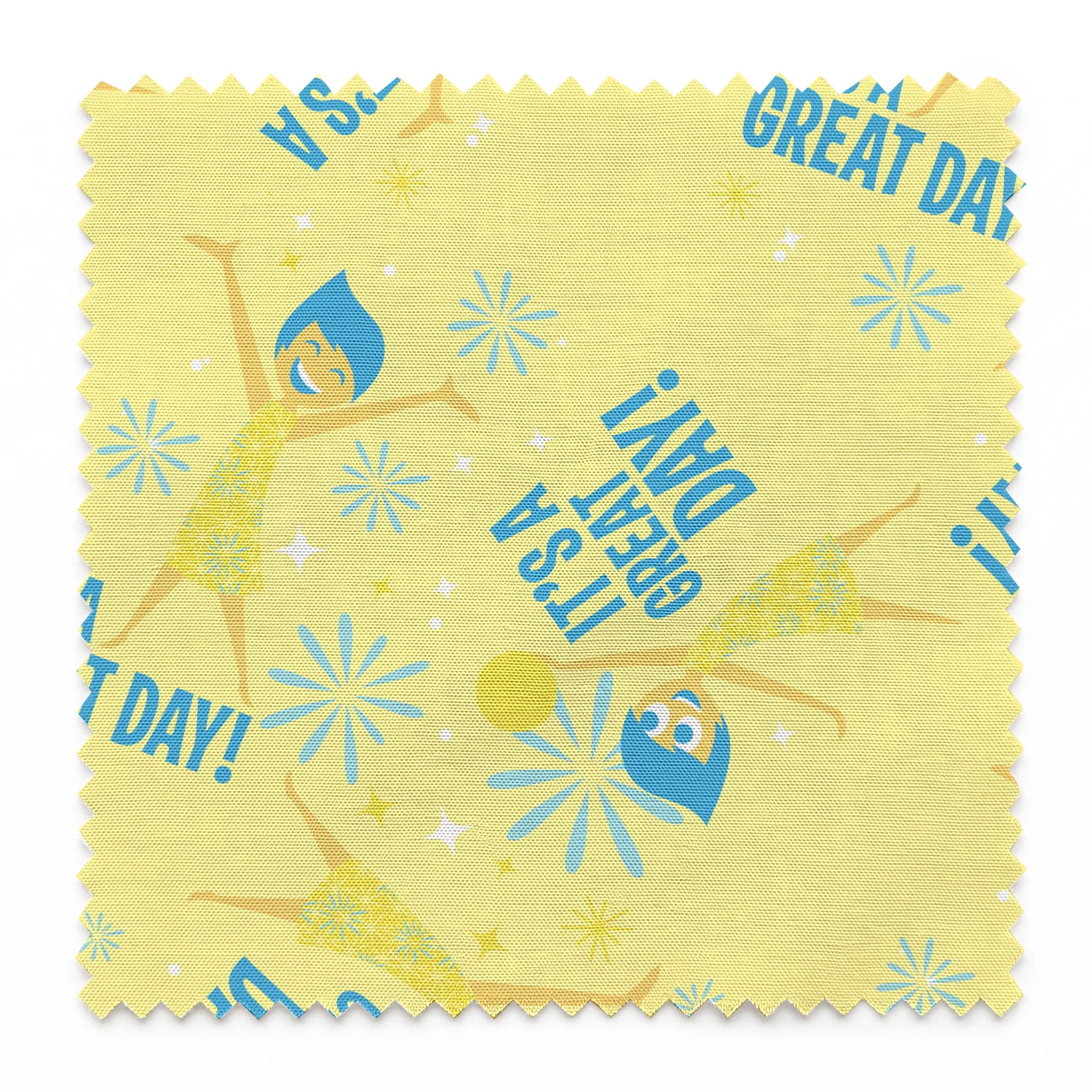 Cheerful Inside Out pattern with blue "IT'S A GREAT DAY!" text and decorative white accents springs swatch pinked