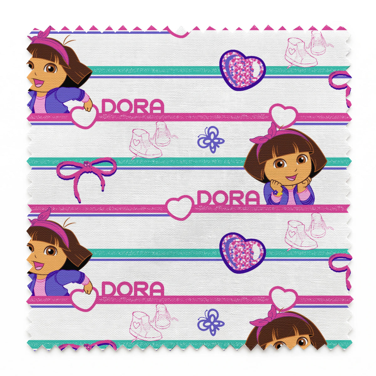 Colorful Dora the Explorer pattern with horizontal stripes featuring purple hearts, bows, butterflies, and "DORA" text on pink and green backgrounds springs swatch pinked
