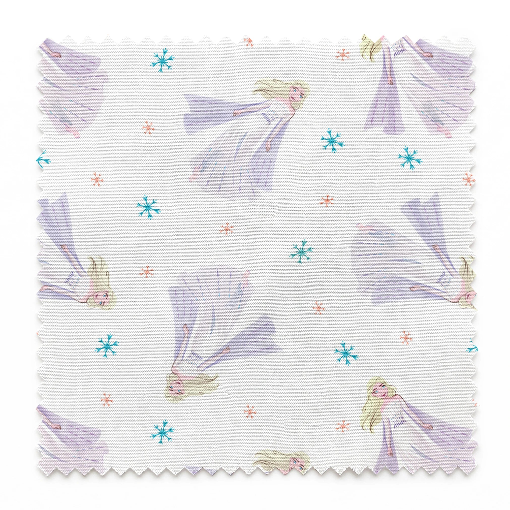 Whimsical pattern of Elsa with colorful snowflakes on white background springs swatch pinked