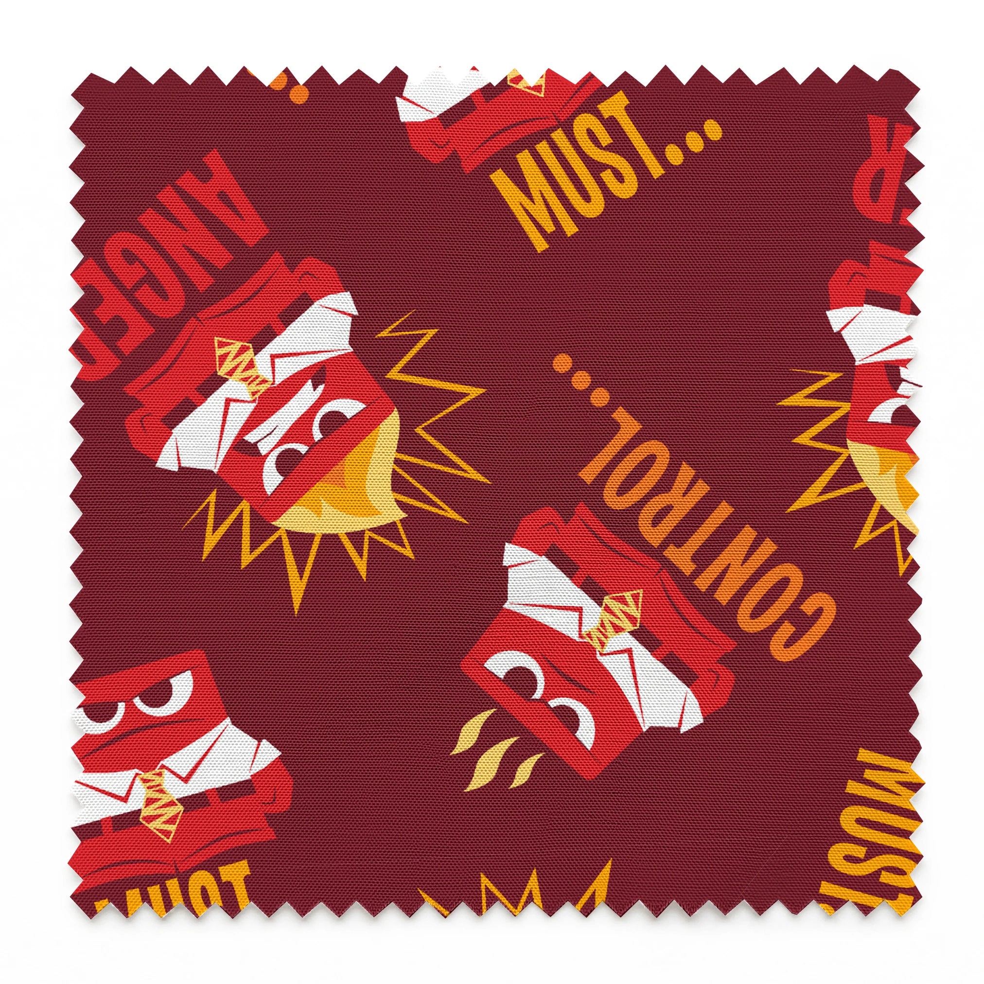 Red background pattern with Anger from Inside Out, explosions, and words "MUST... CONTROL... ANGER springs swatch pinked