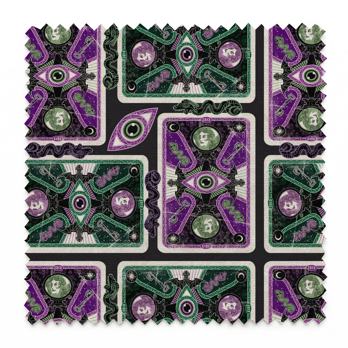 Ornate playing card designs with purple and green patterns featuring central eye motifs and circular number elements against a black background. springs swatch pinked