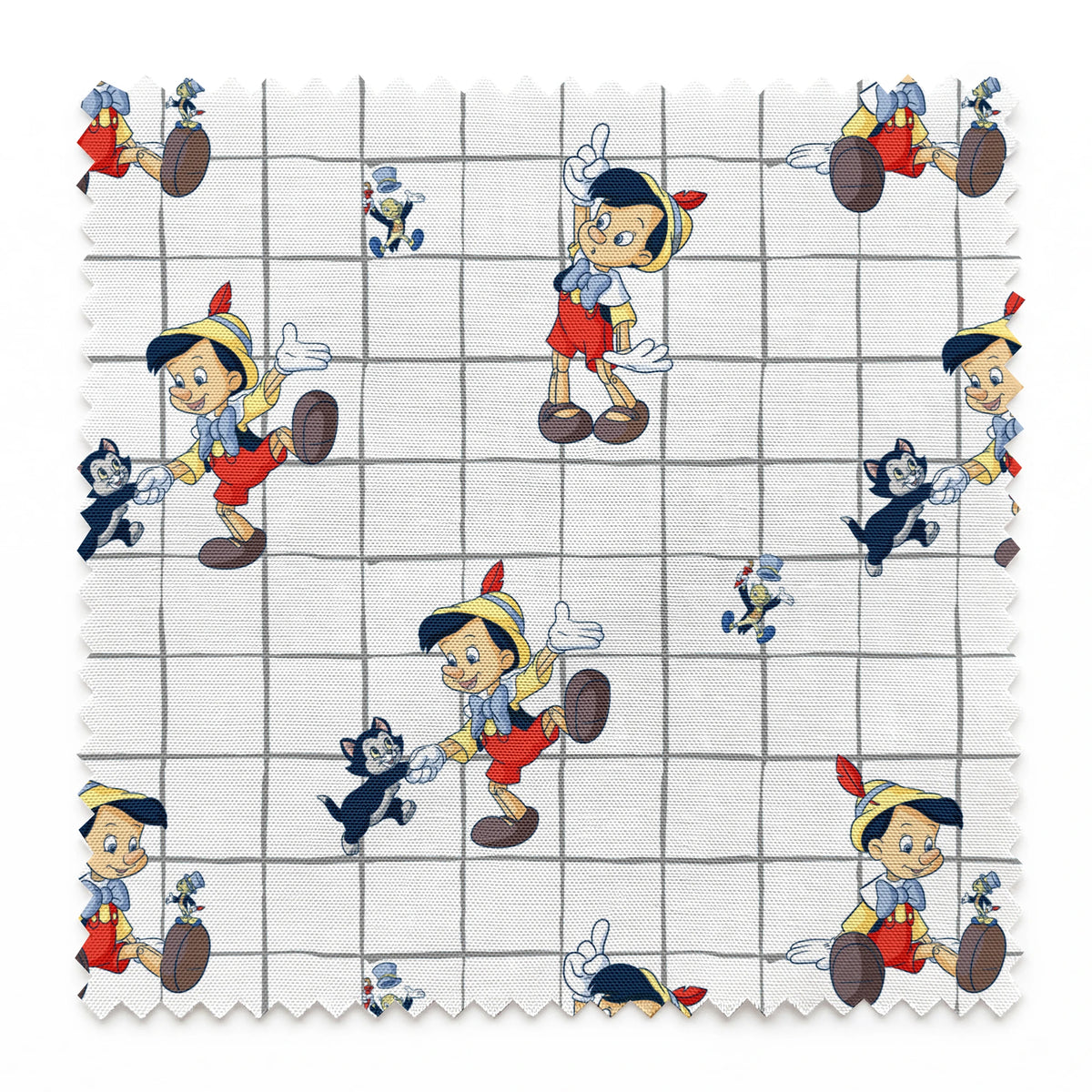 Classic cartoon puppets with red shorts, yellow hats on white grid pattern with small black cat figures springs swatch pinked