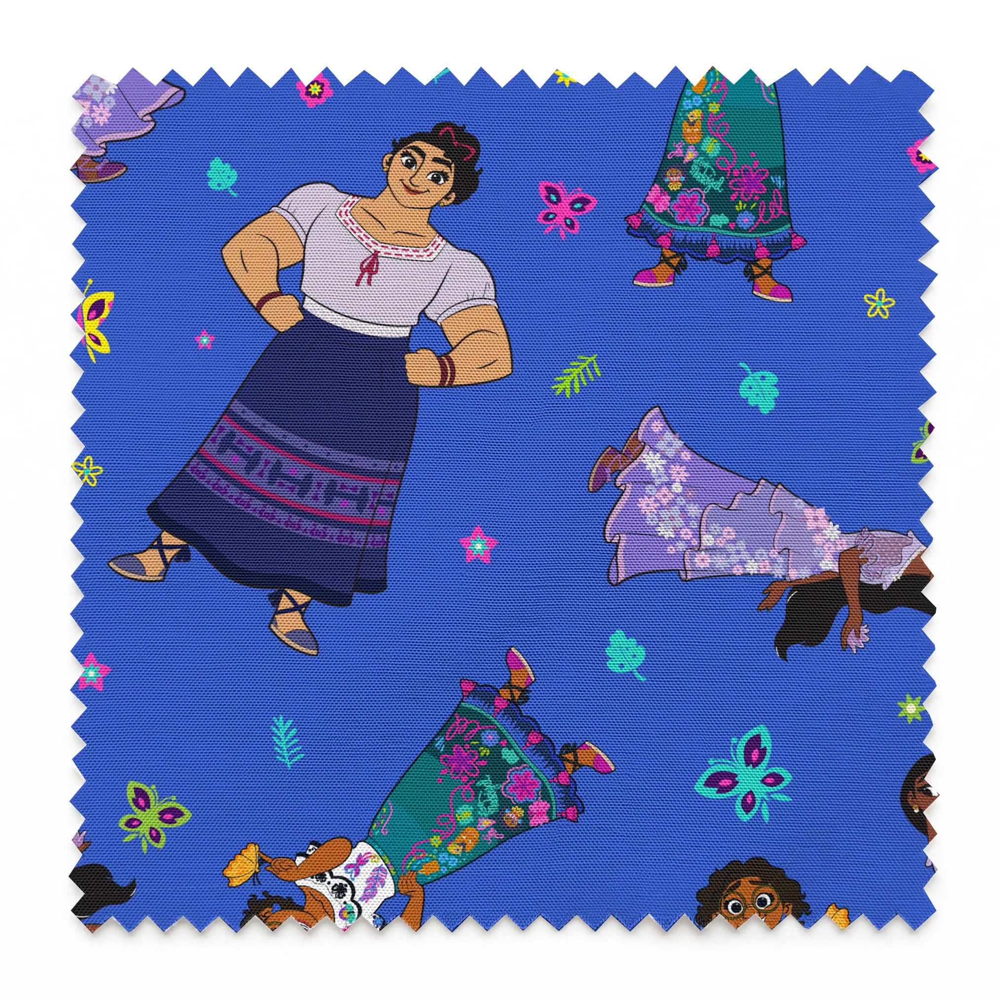 Colorful cartoon figures in traditional clothing floating on vibrant blue background with butterflies and flowers springs swatch pinked