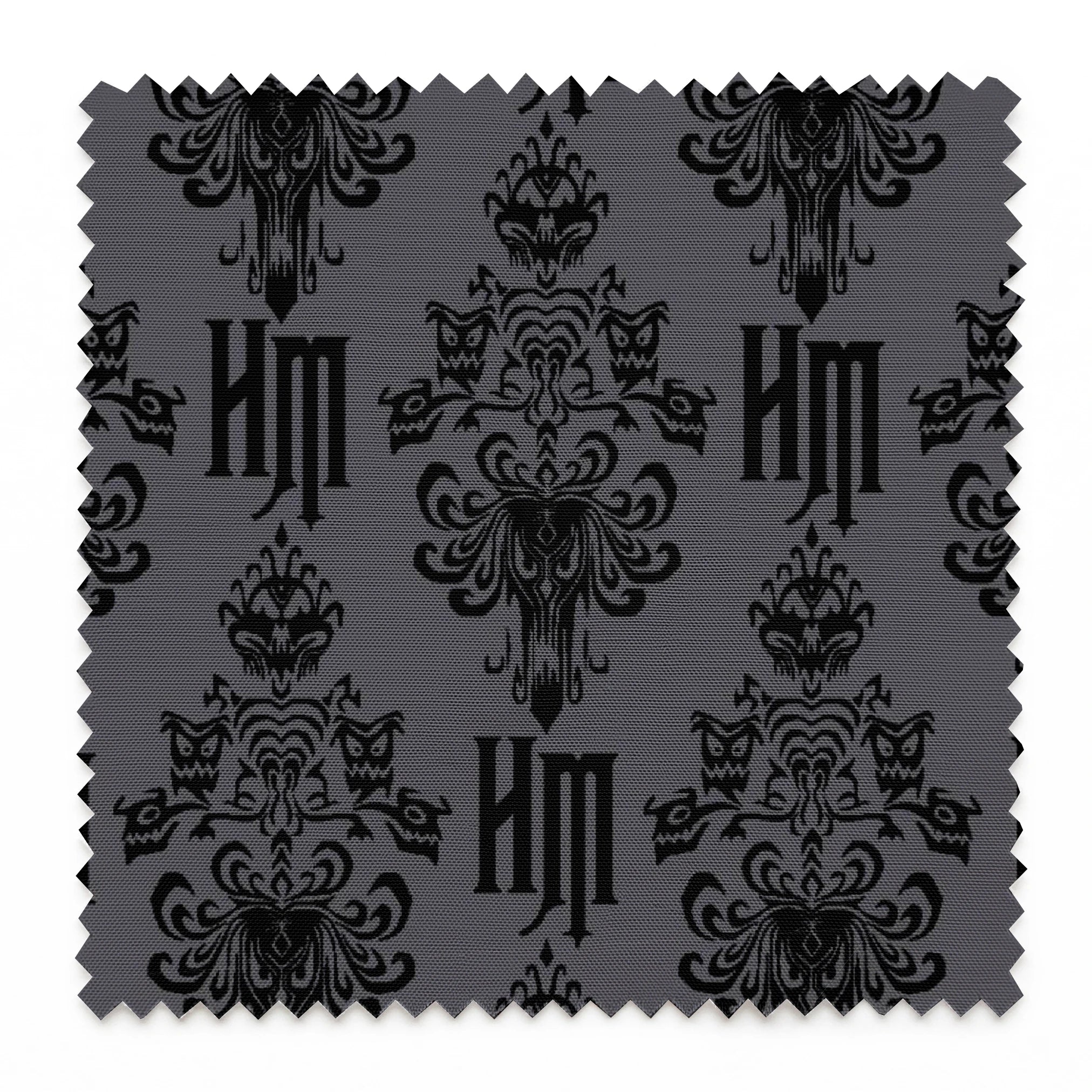 Dark gray background with black ornate damask pattern featuring decorative flourishes and monogram elements springs swatch pinked