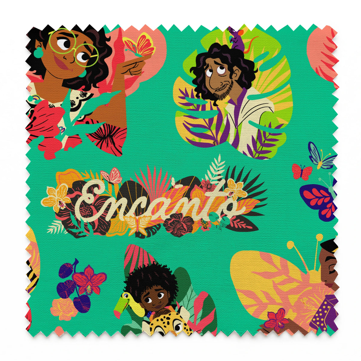 Colorful illustration with characters, butterflies, and tropical leaves on turquoise background with "Encanto" text springs swatch pinked