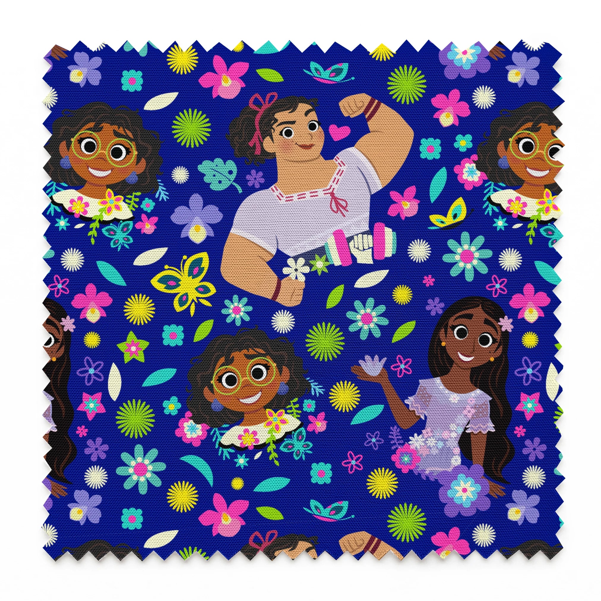 Colorful cartoon characters surrounded by bright flowers on vibrant blue background springs swatch pinked