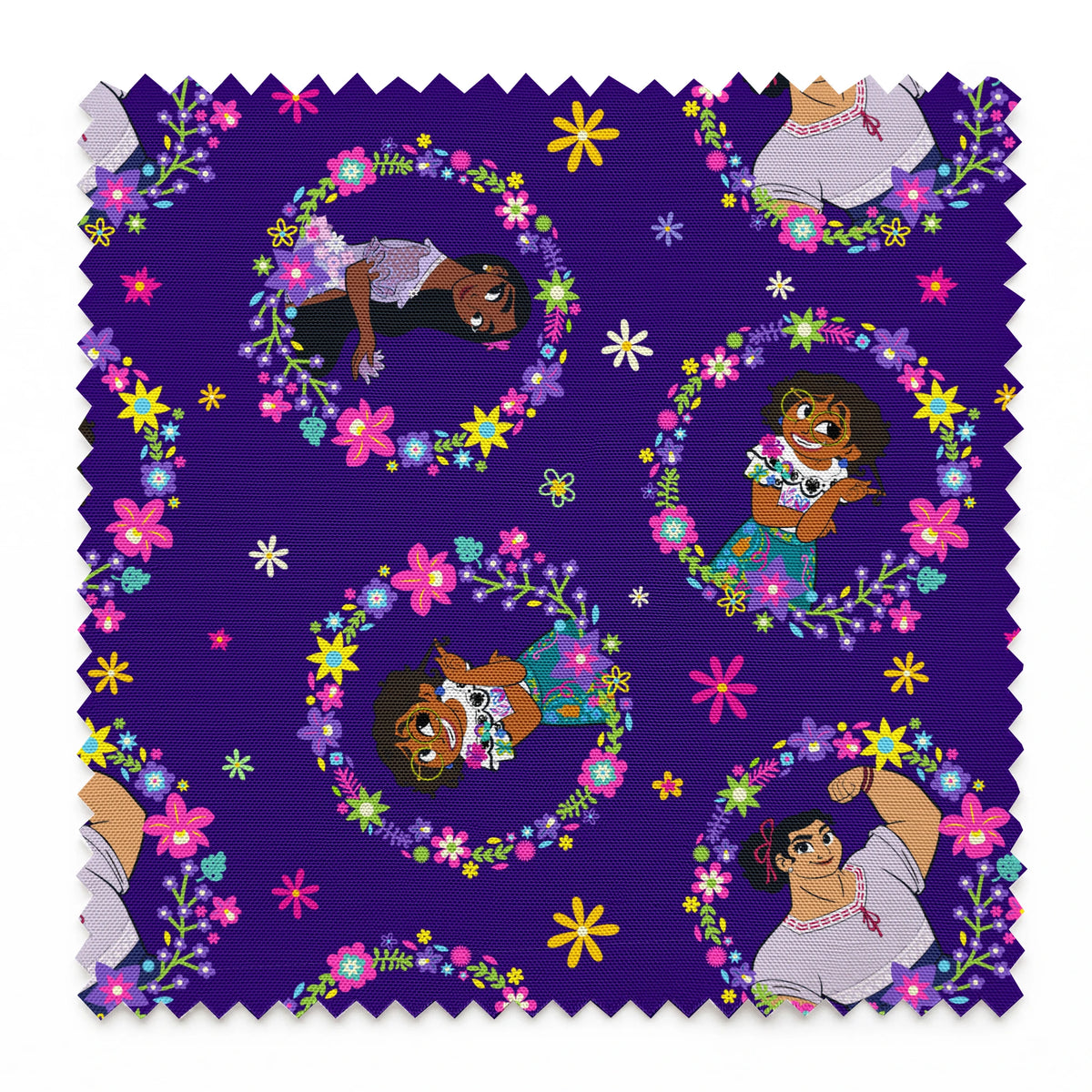 Colorful cartoon characters in floral wreaths pattern on deep purple background with stars springs swatch pinked