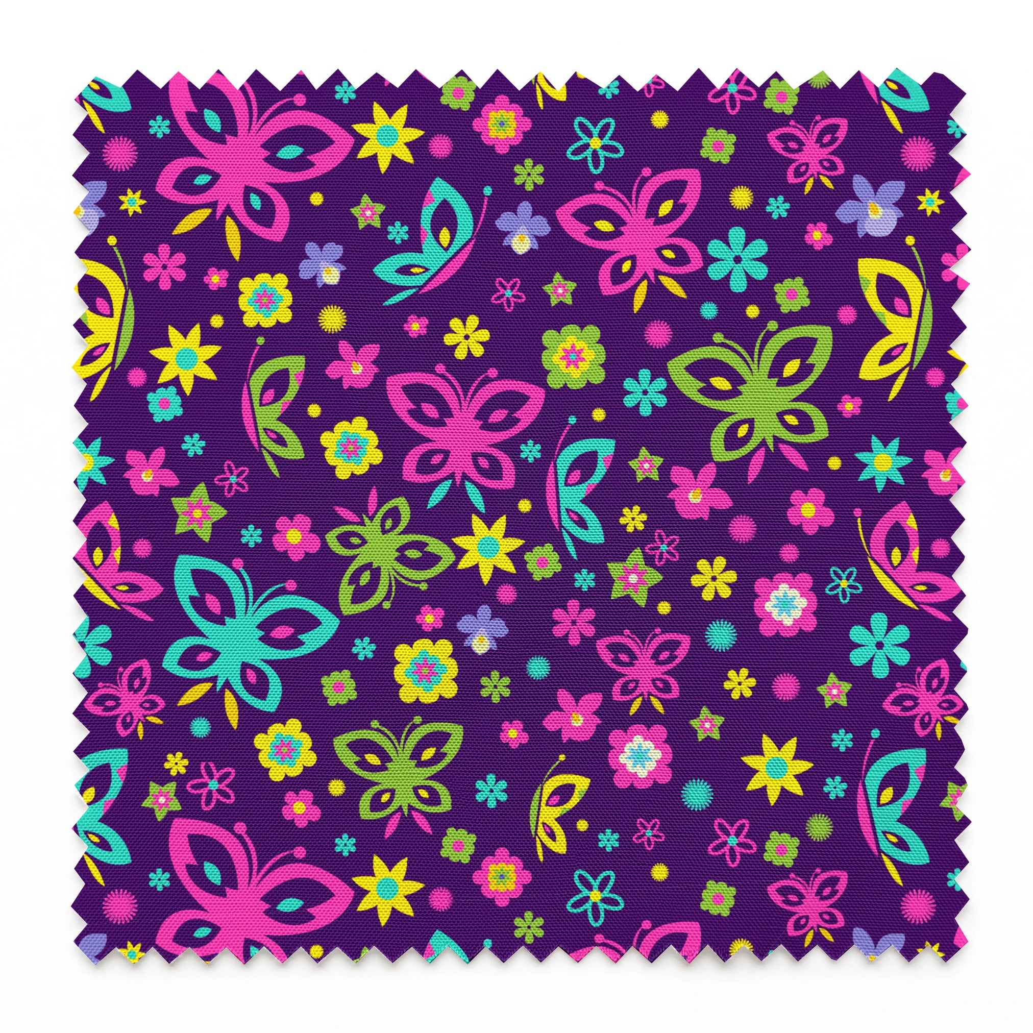 Colorful butterfly and flower pattern on purple background with pink, blue, green, and yellow designs springs swatch pinked