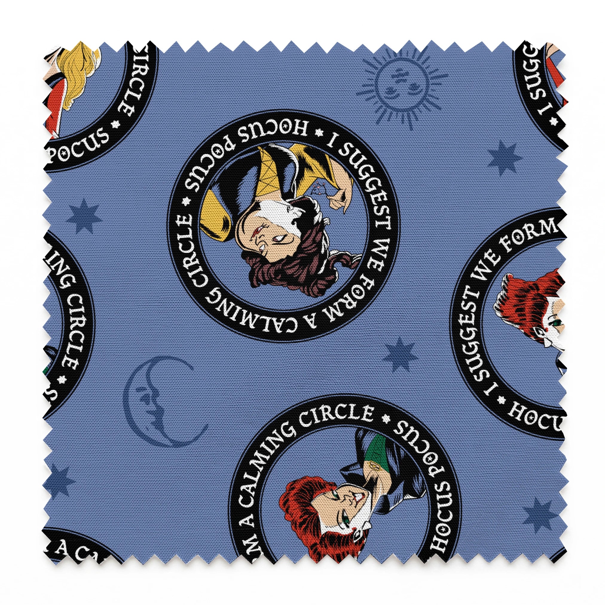 Cartoon witches in circular emblems with "Hocus Pocus" text on blue background with stars springs swatch pinked