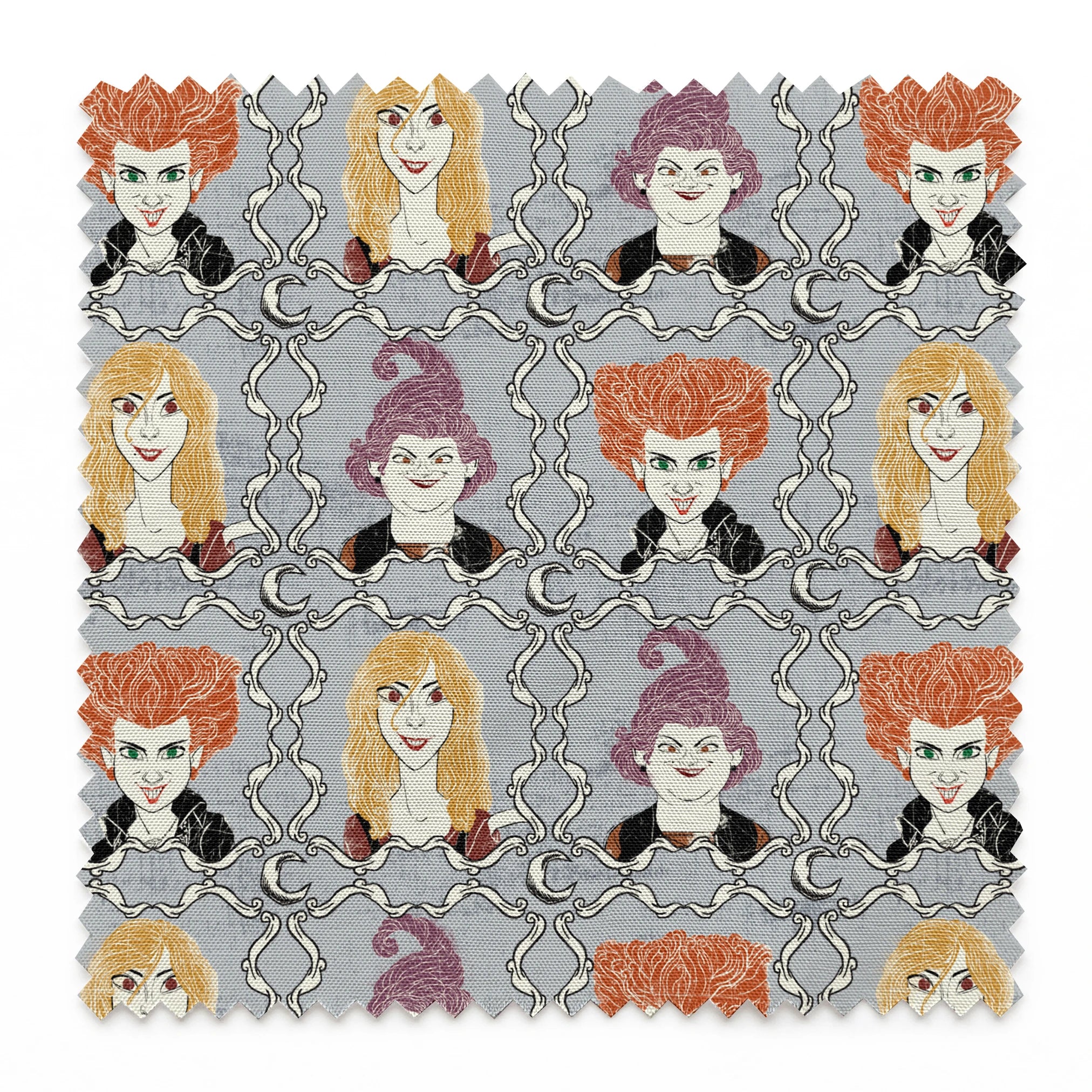 Illustrated portraits of fantasy characters with wild orange, blonde, and purple hair on gray patterned background springs swatch pinked