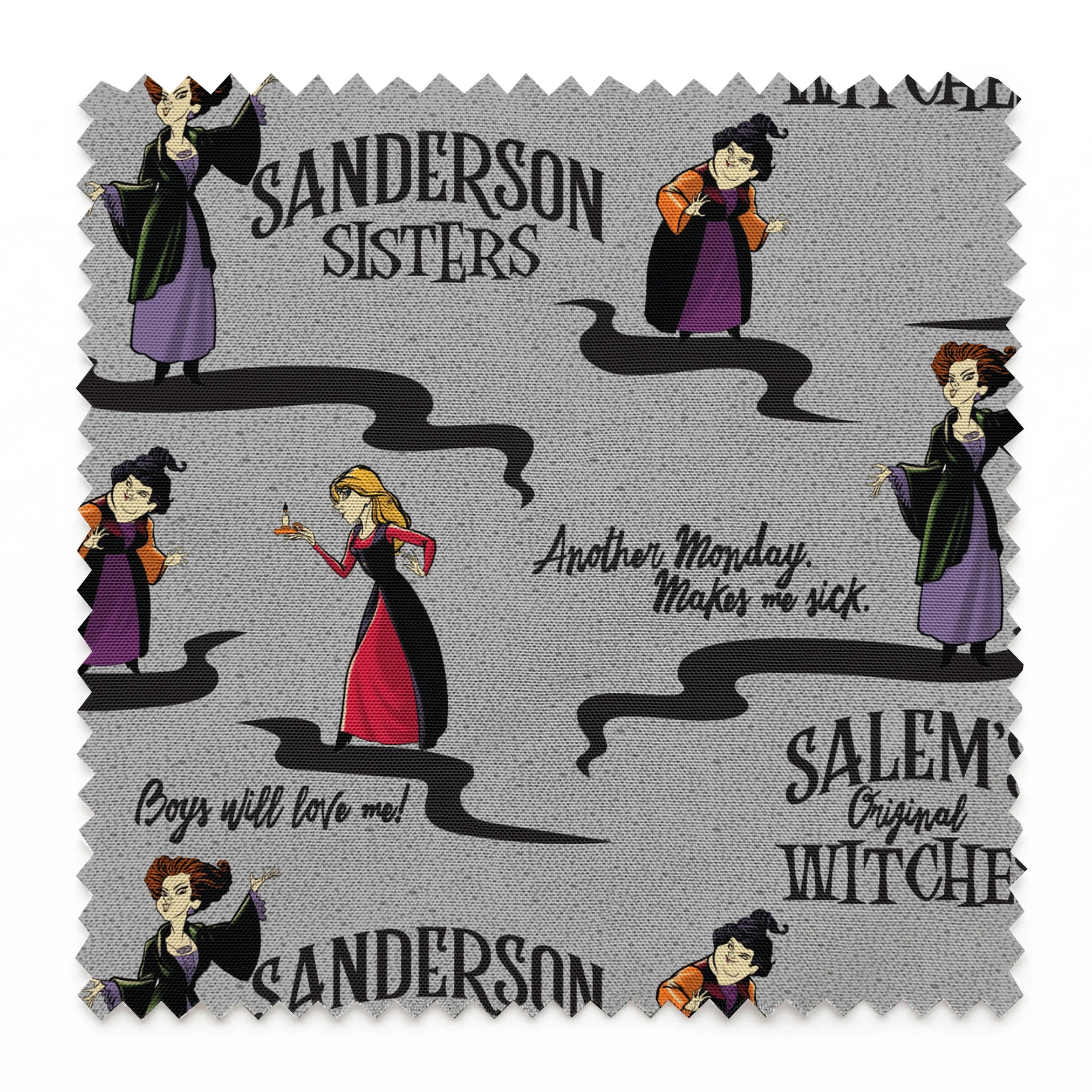 Sanderson Sisters pattern from Hocus Pocus with cartoon witches in purple and red dresses on gray background springs swatch pinked