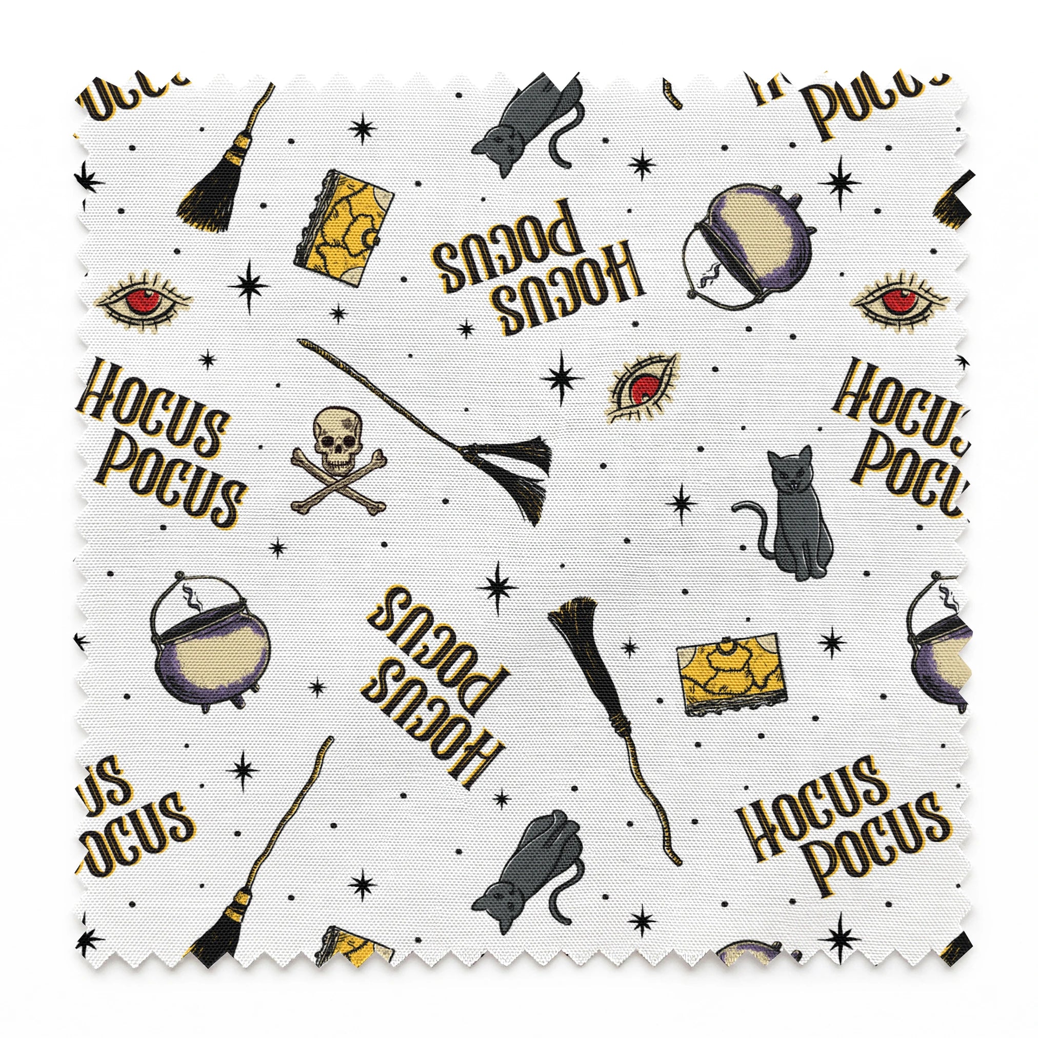 Repeating pattern of witchcraft items with "Hocus Pocus" text, cauldrons, brooms, and mystical symbols on white background springs swatch pinked