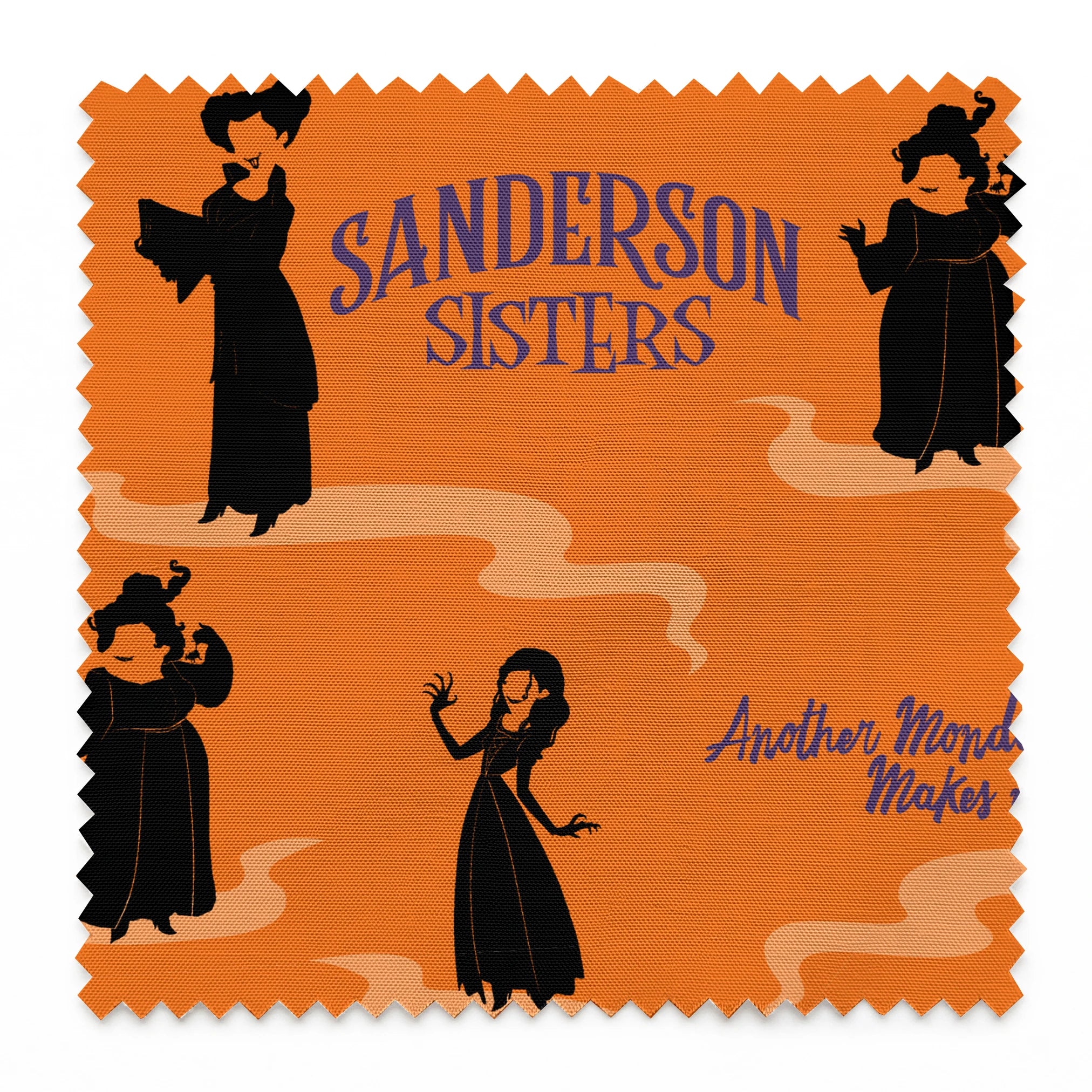 Orange background with silhouettes of witches in black robes and text "Sanderson Sisters" and "Salem's" in blue lettering springs swatch pinked