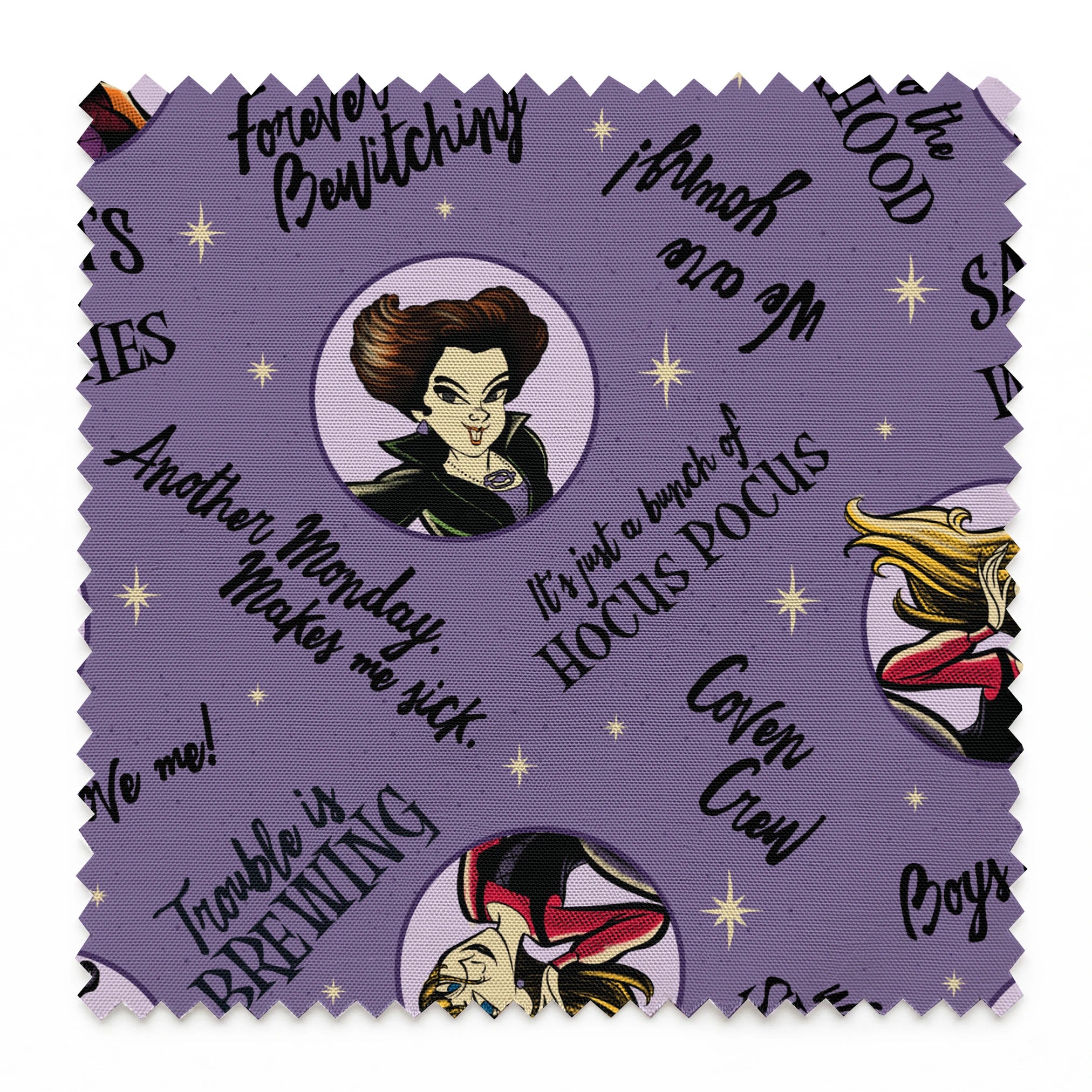 Purple background pattern with cartoon witches in circles, magical phrases and stars scattered throughout in black text springs swatch pinked