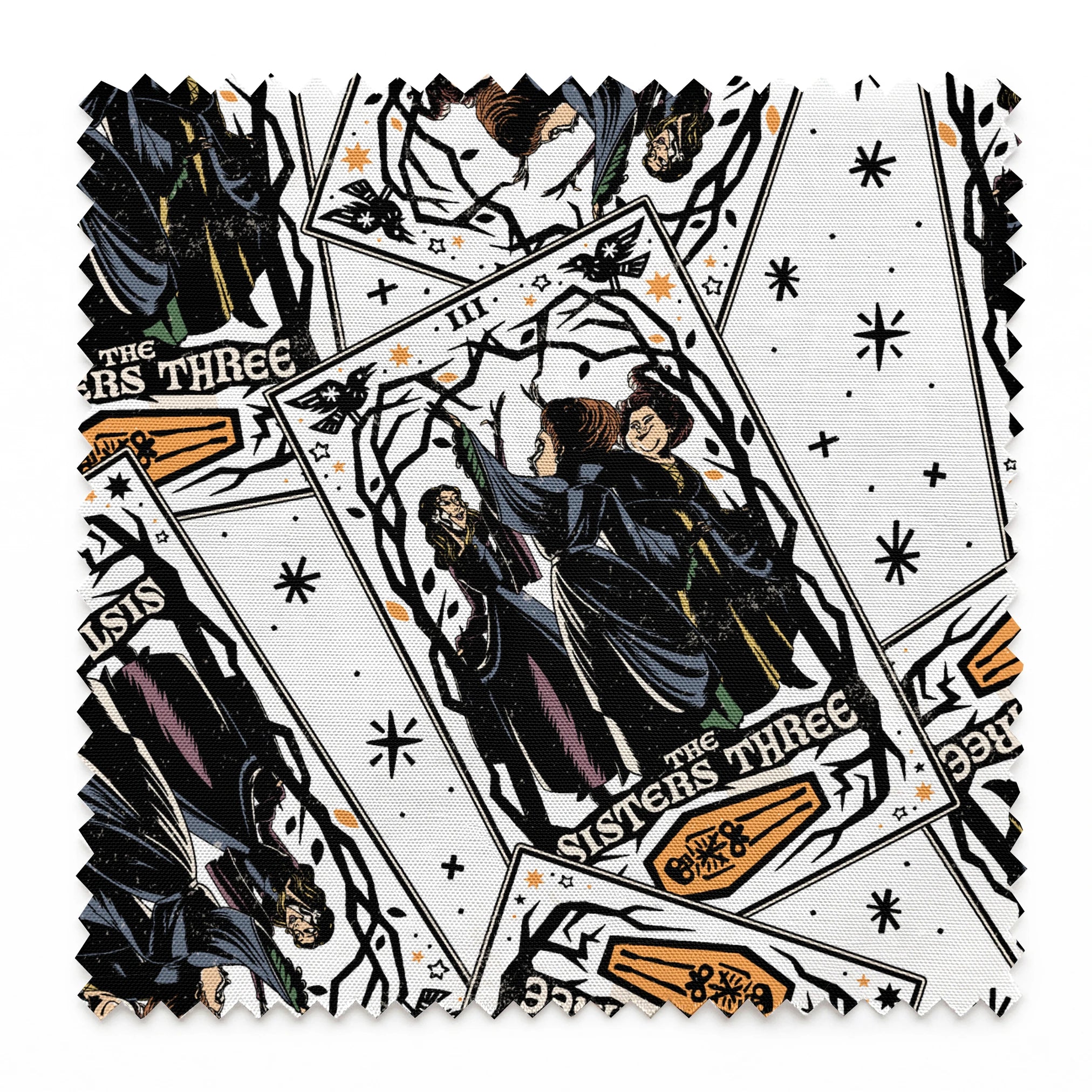 Scattered Hocus Pocus cards showing robed figures against white background with stars springs swatch pinked
