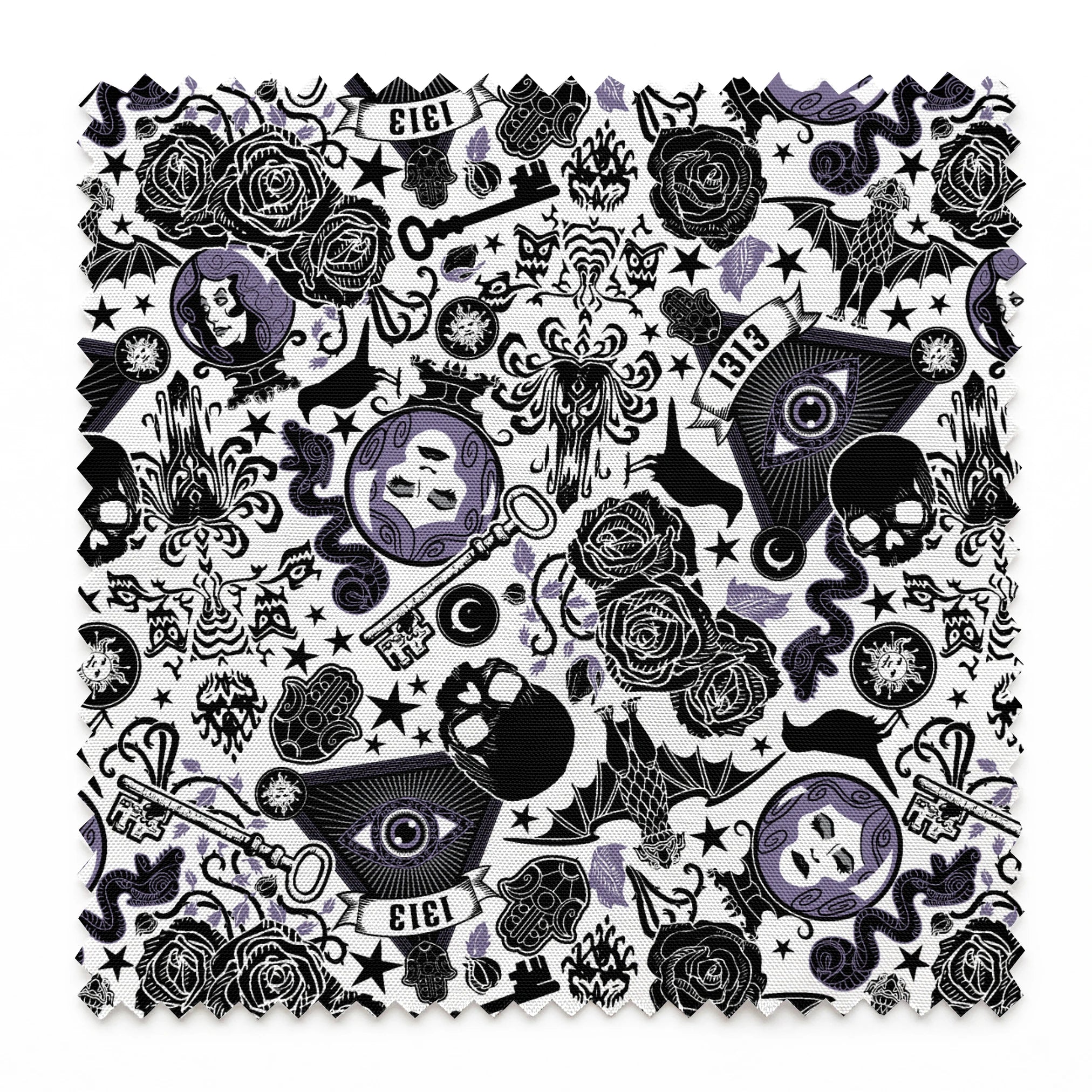 Gothic-inspired pattern with roses, medallions, ravens, and Victorian motifs in black and purple springs swatch pinked