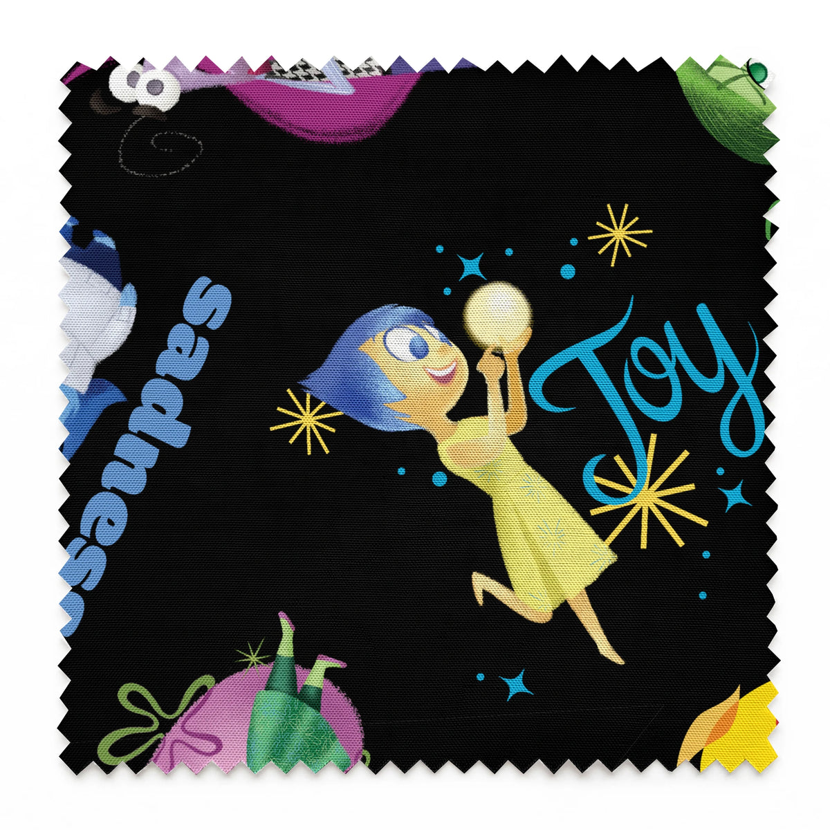Colorful Pixar pattern on black background with Inside Out characters and emotion words like "Fear springs swatch pinked