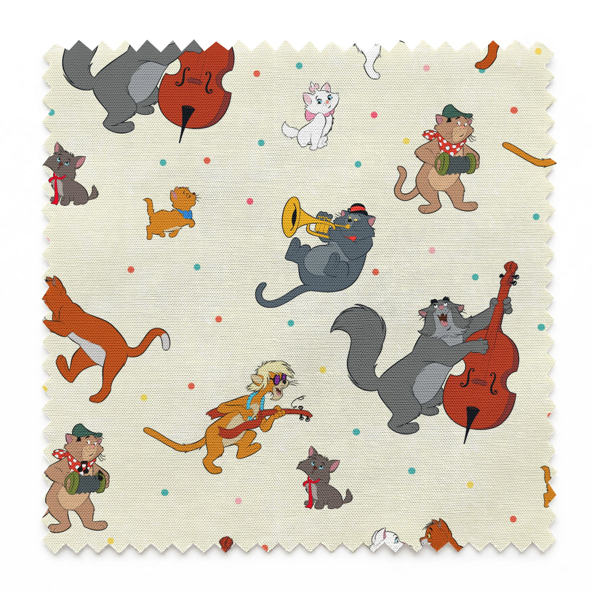 Musical cats and dogs pattern with animals playing instruments on cream background springs swatch pinked