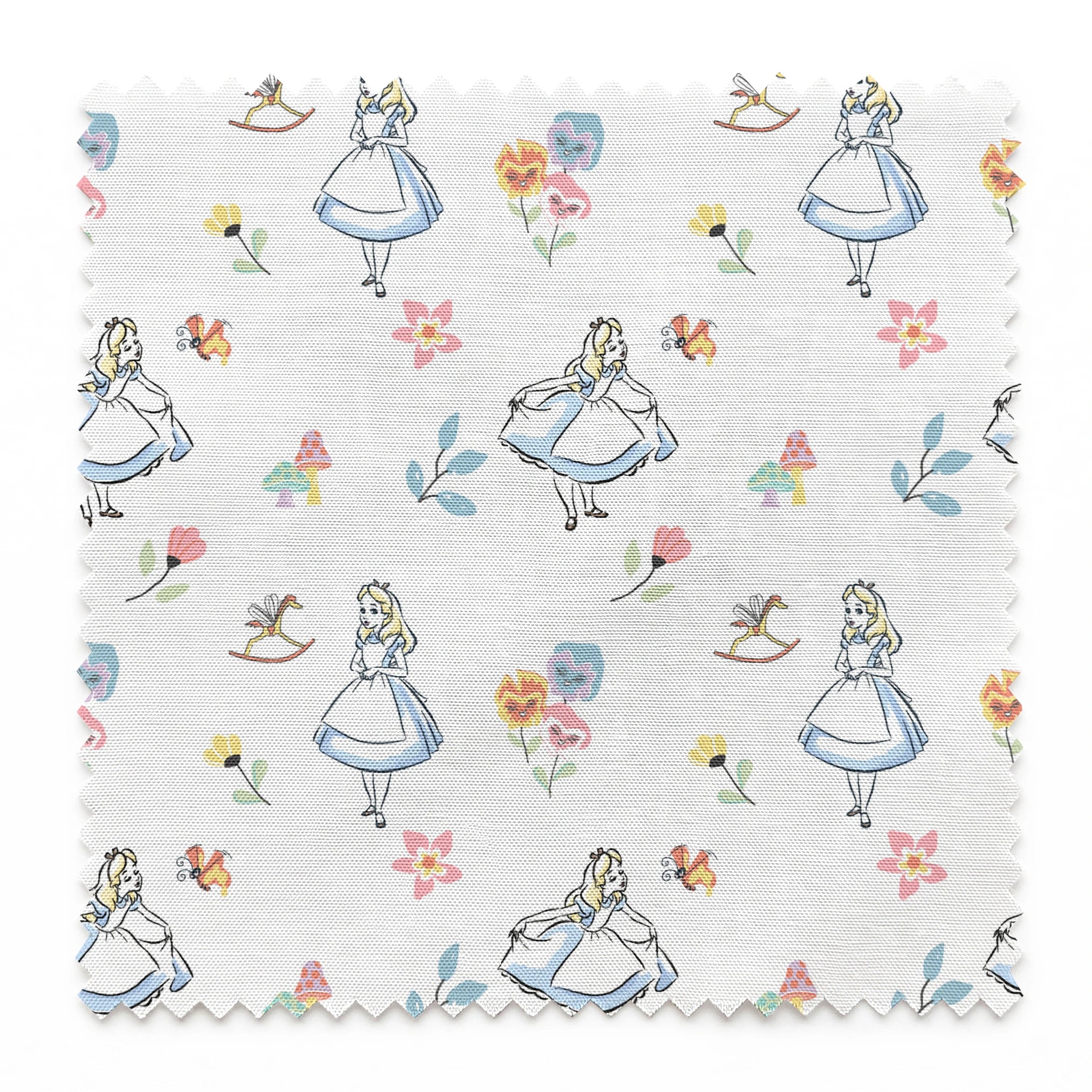 Whimsical pattern featuring character in blue dress with flowers, mushrooms, and rocking horse springs swatch pinked