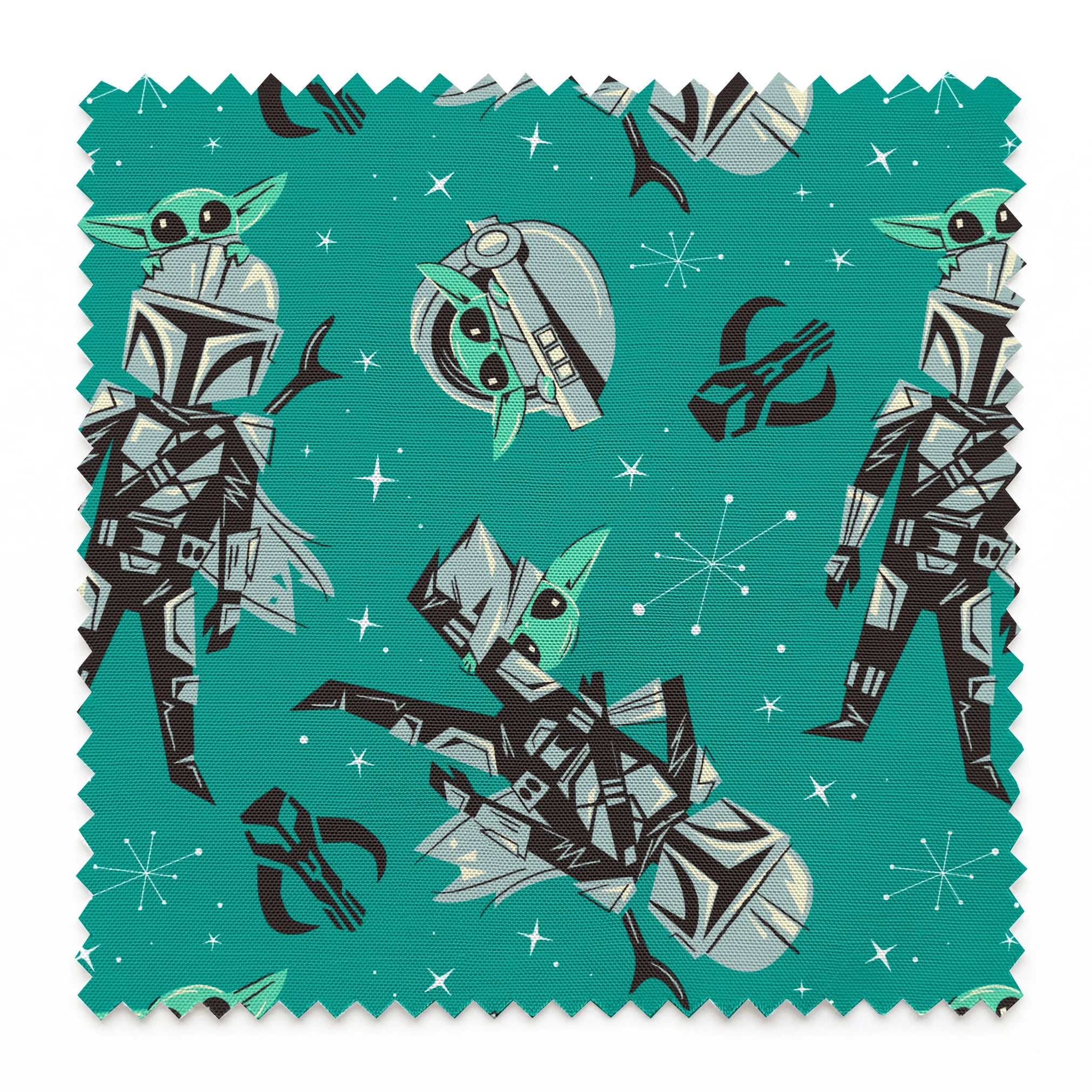 Cartoon-style Star Wars pattern with Baby Yoda and Mandalorian figures on teal background with stars springs swatch pinked