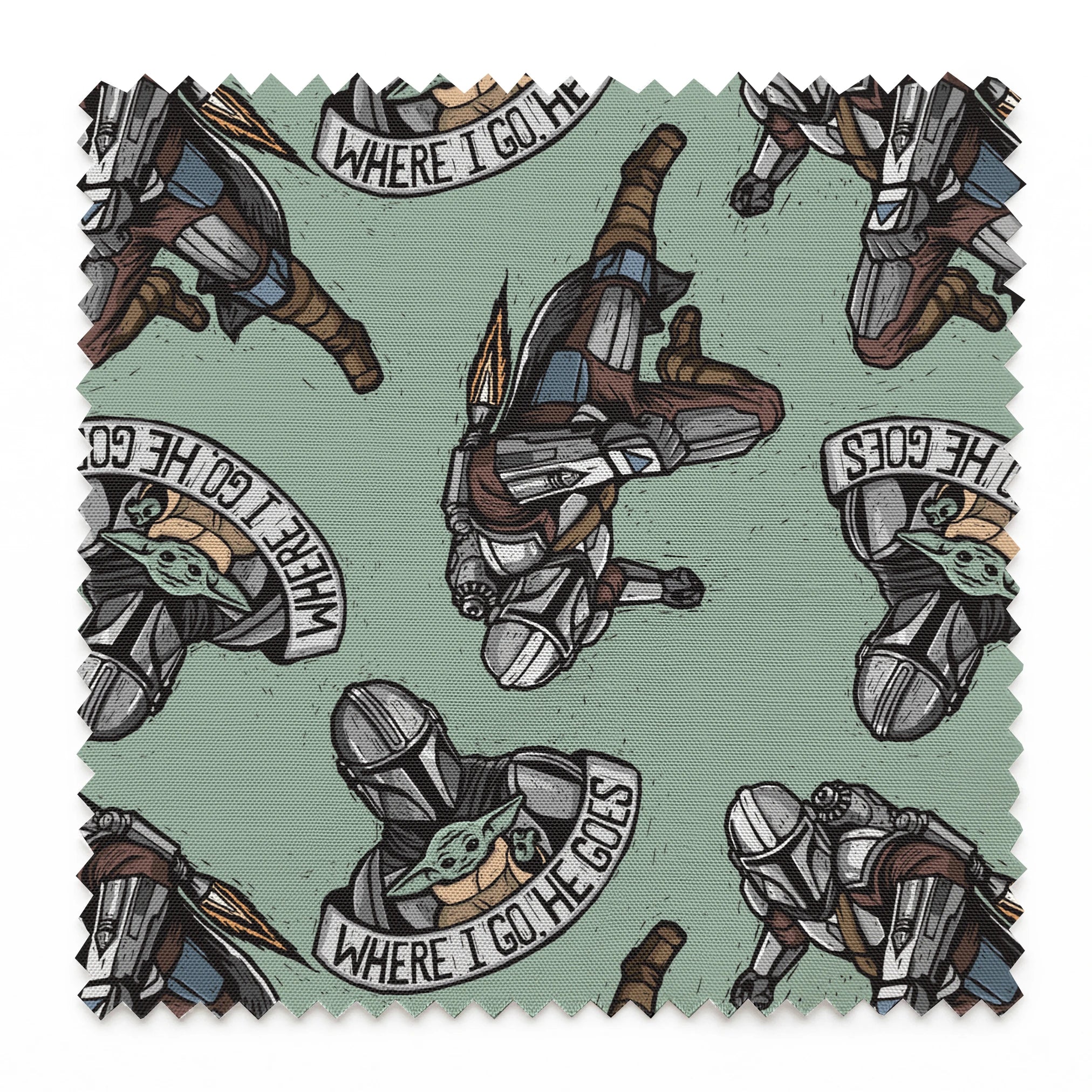 Star Wars-themed pattern featuring Mandalorian helmets with "Where I go, the child goes" banners on mint green background. springs swatch pinked