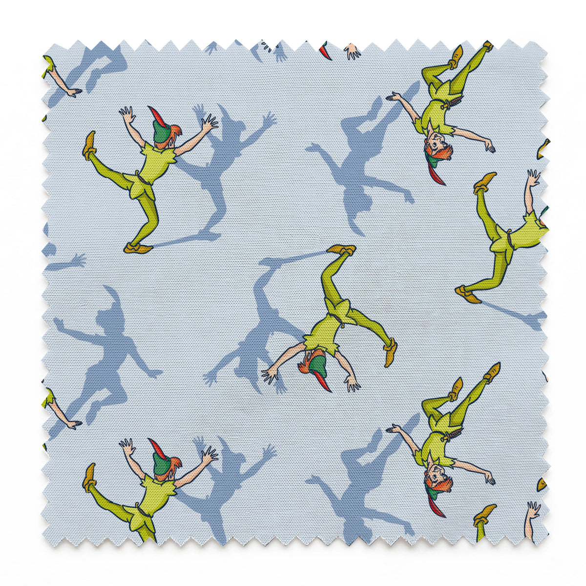 Colorful cartoon figures in bright green outfits with red accents dancing against a light blue background with shadows springs swatch pinked