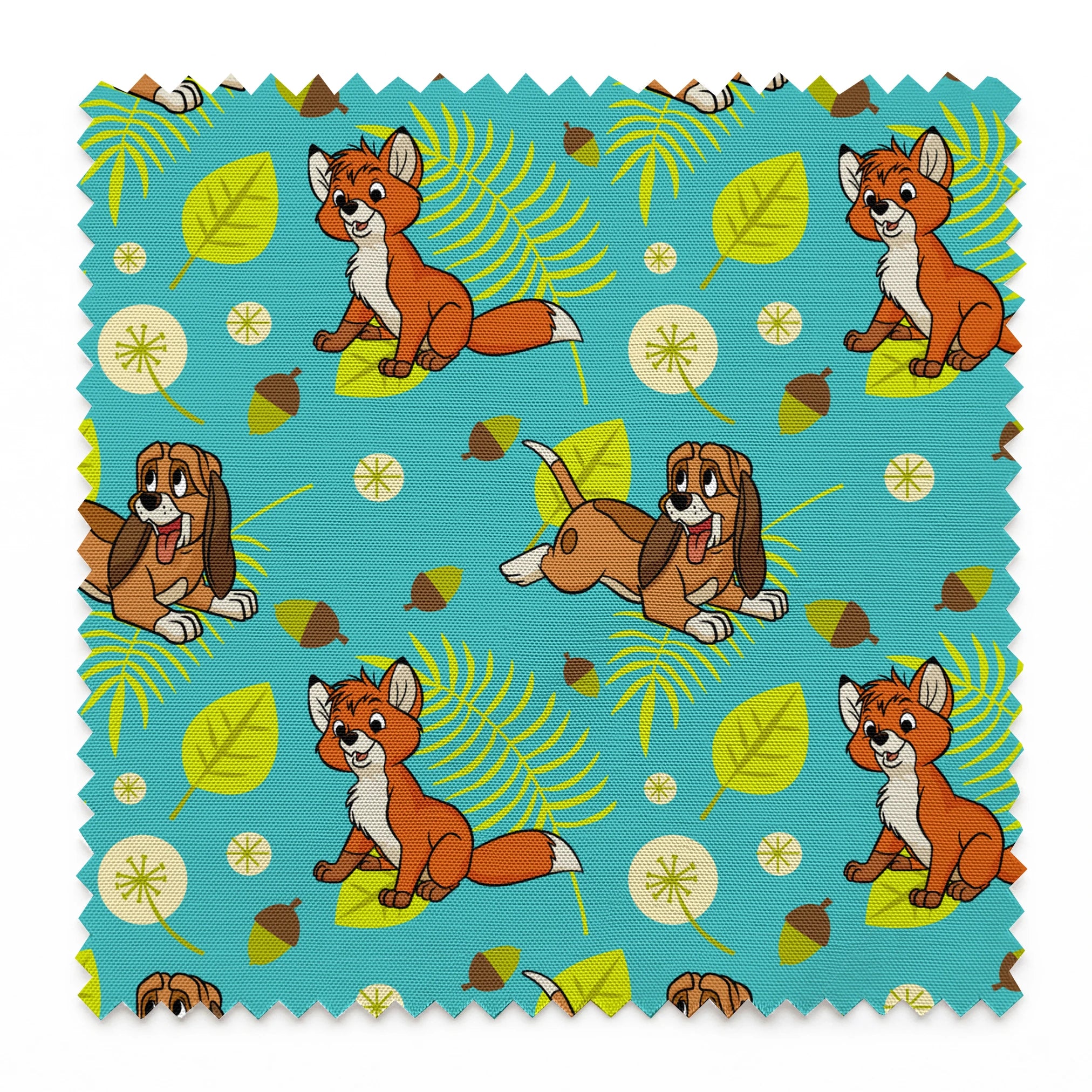 The Fox and the Hound characters on turquoise background with yellow leaves and acorns springs swatch pinked