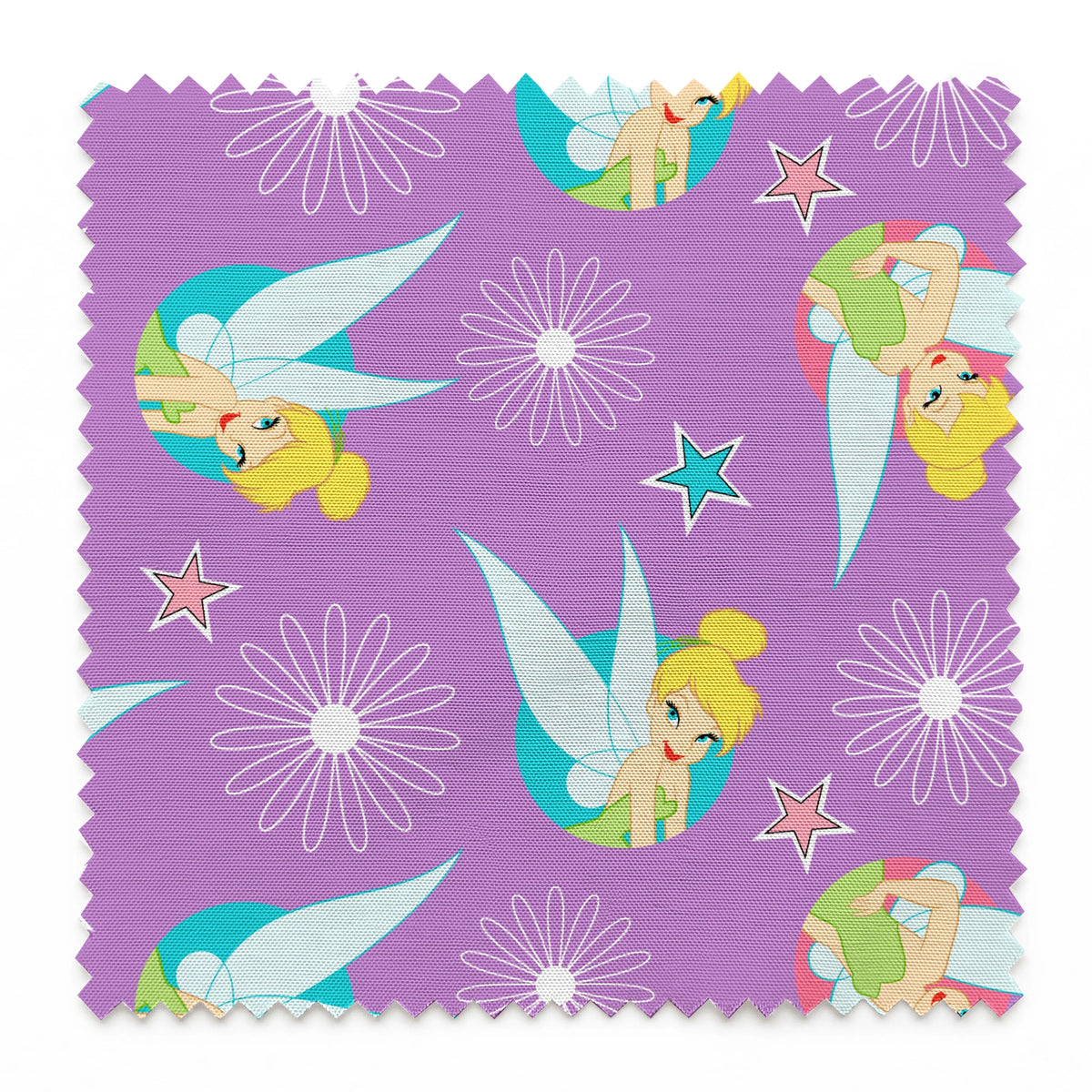 Tinker Bell on a purple background with white daisy flowers and colorful stars. springs swatch pinked