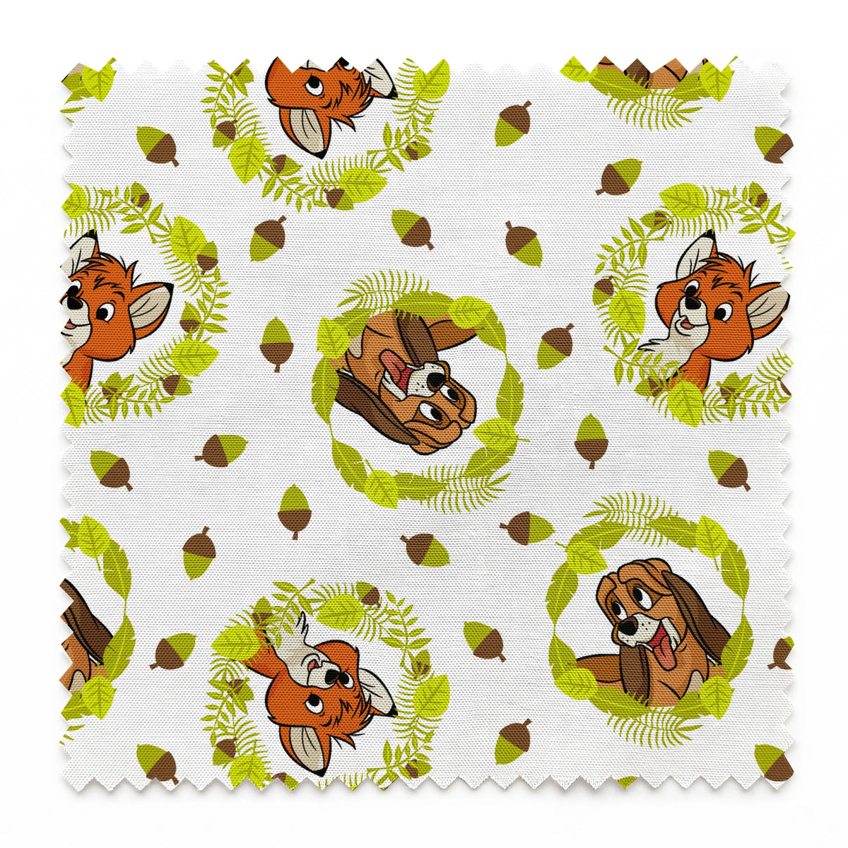 Fox and the Hound characters in green leafy wreaths with scattered acorns on white background springs swatch pinked