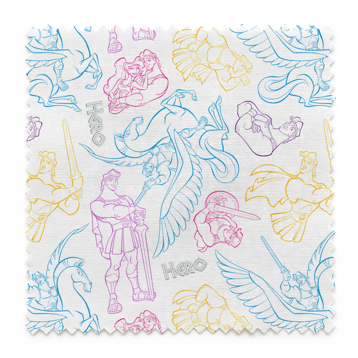 Colorful line art drawings of Hercules characters in blue, purple, and yellow outlines springs swatch pinked