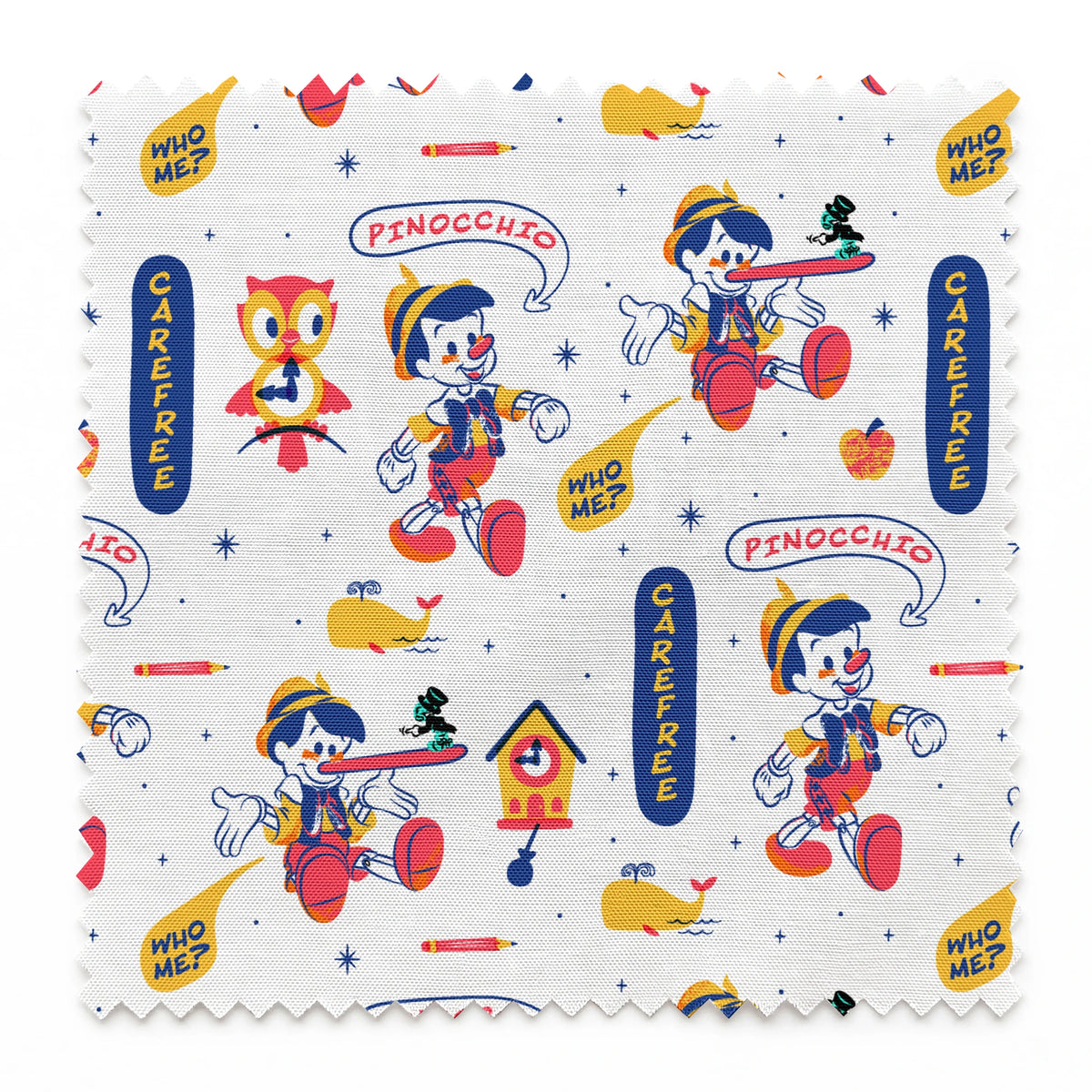 Colorful cartoon pattern featuring Pinocchio characters, whales, and text elements on white background springs swatch pinked