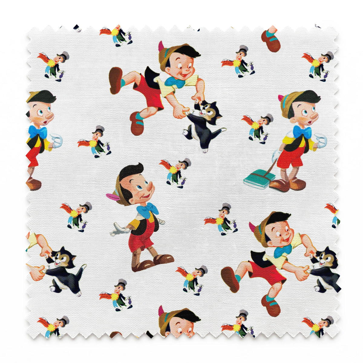 Pattern of cartoon wooden puppet characters with long noses, red shorts, blue bow ties, and black cats scattered on white background springs swatch pinked