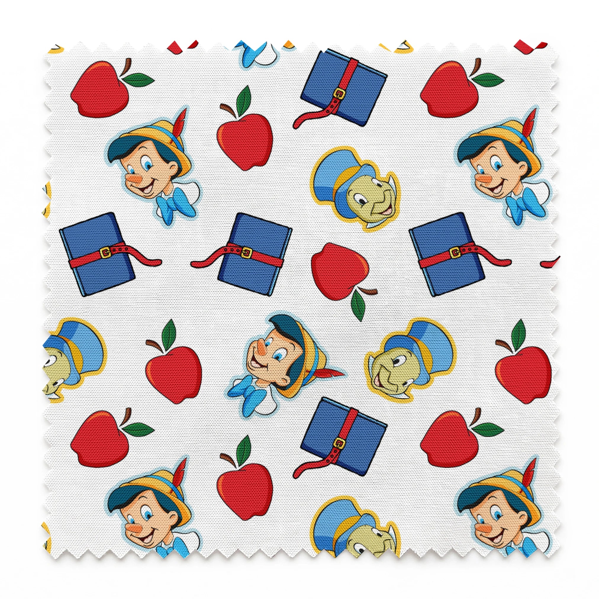 Pattern with cartoon character in pointed hat with blue bow, red apples, blue books with red straps, and yellow circular elements on white background springs swatch pinked