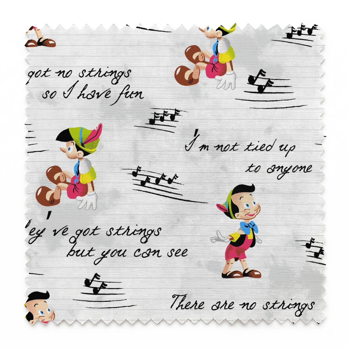Cartoon characters on a light gray background with musical notes and phrases about strings springs swatch pinked