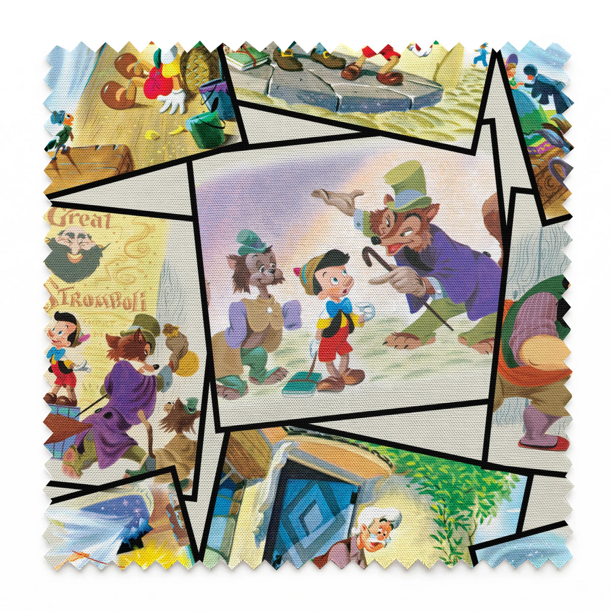 Colorful collage of Pinocchio scenes showing the wooden puppet, Geppetto, and other characters from the classic fairy tale. springs swatch pinked