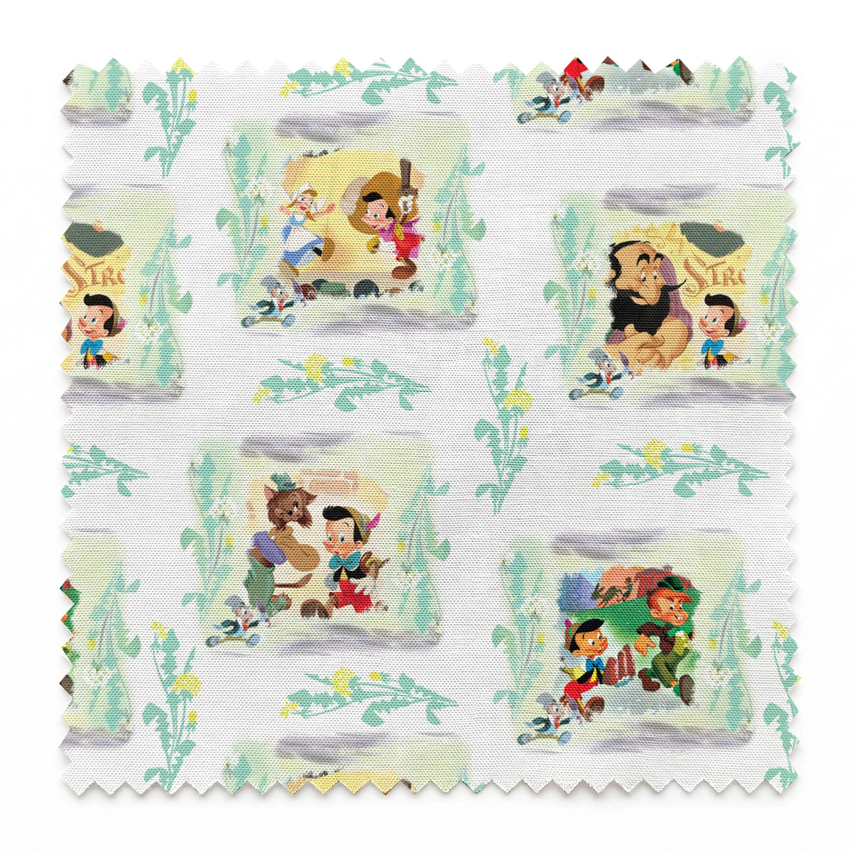 Cartoon pattern featuring Pinocchio characters in framed scenes with decorative greenery on white background springs swatch pinked