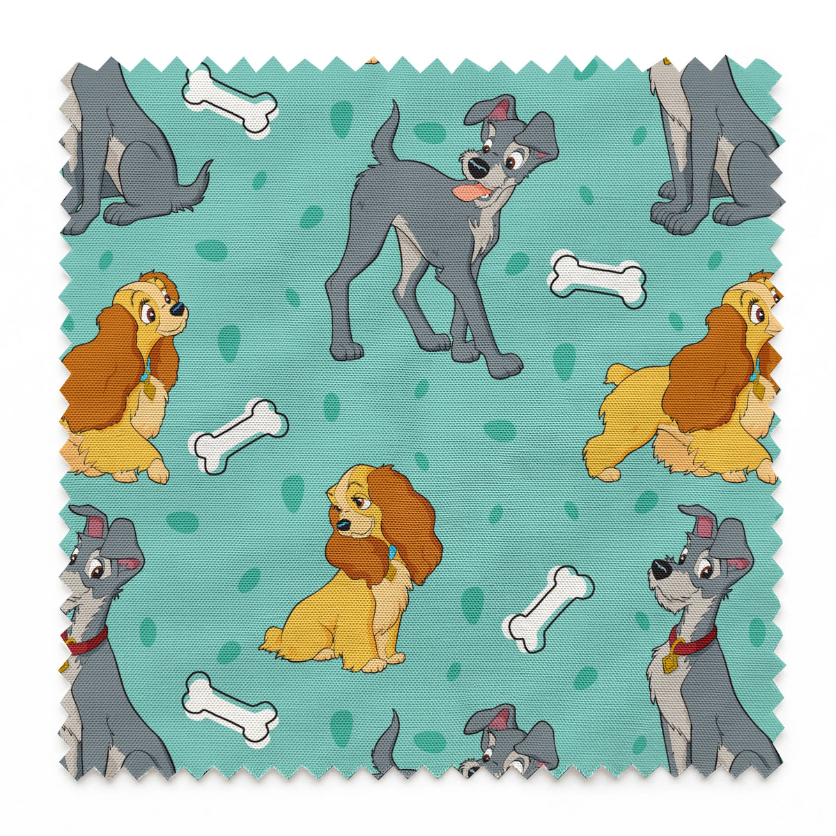 Cartoon pattern of gray dogs and golden cocker spaniels with white bones on turquoise background springs swatch pinked