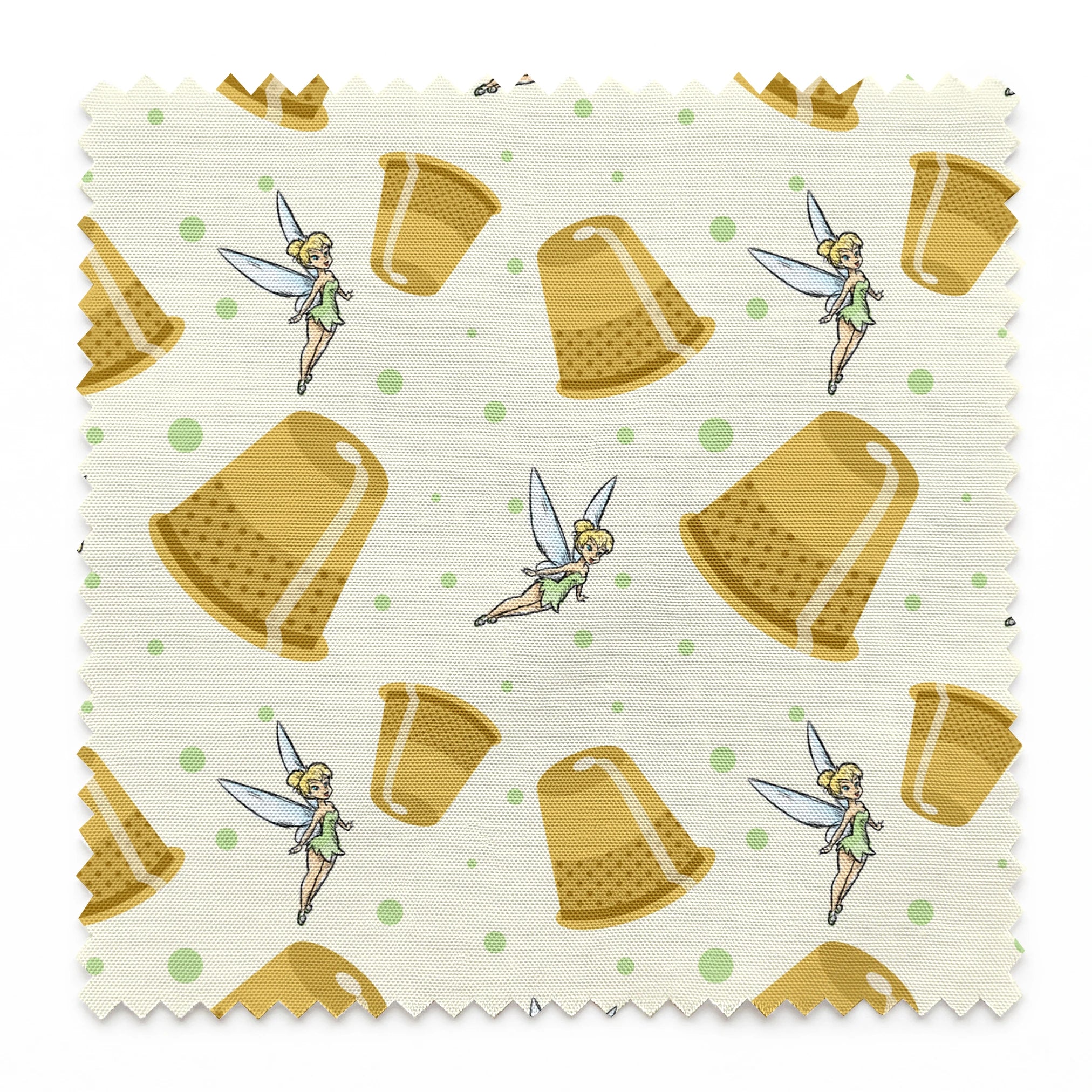 A pattern featuring Tinkerbell fairy with golden thimbles on a pale background with green dots. springs swatch pinked