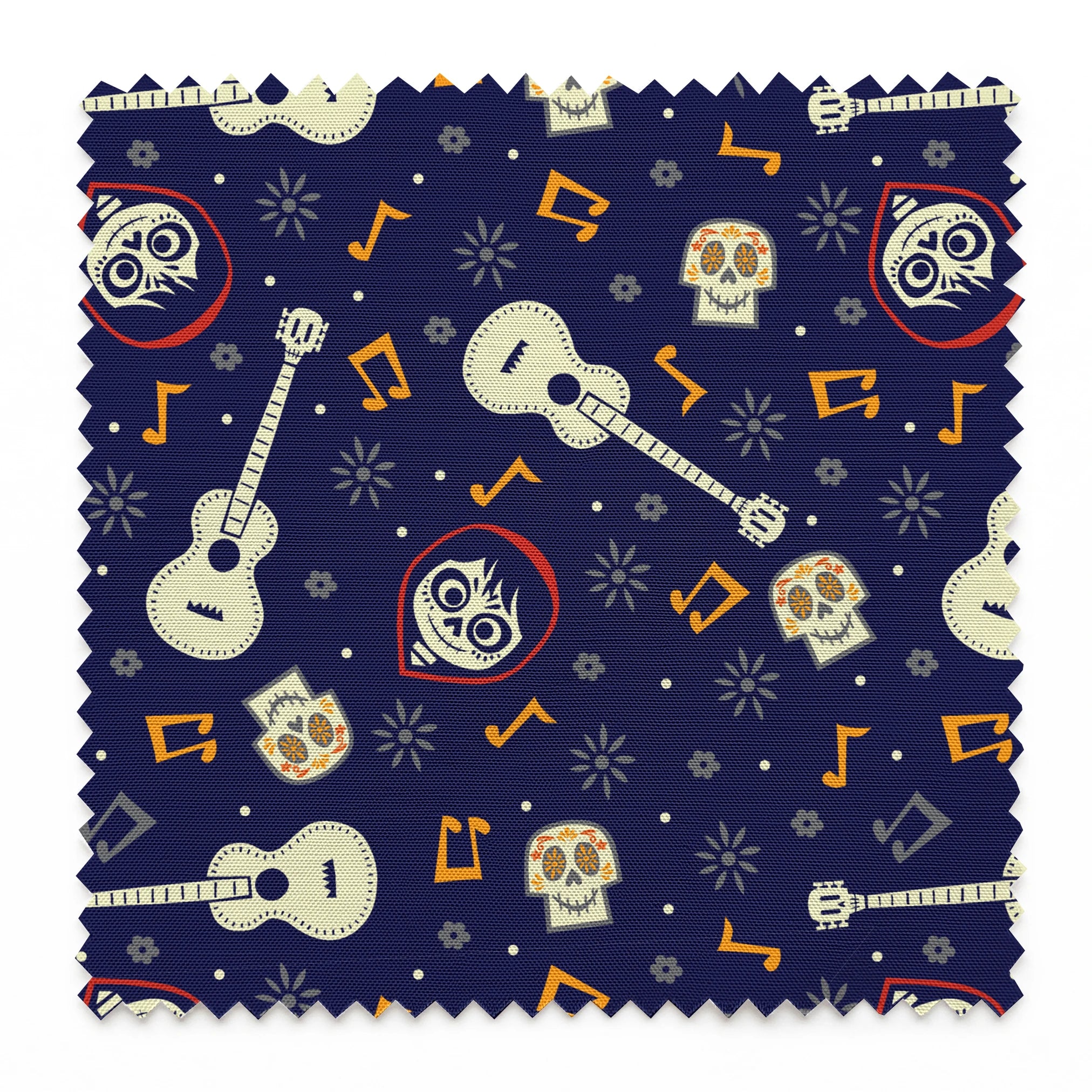 Coco dark blue pattern with white acoustic guitars, decorative skulls, orange musical notes, and circular designs scattered across a starry background. springs swatch pinked