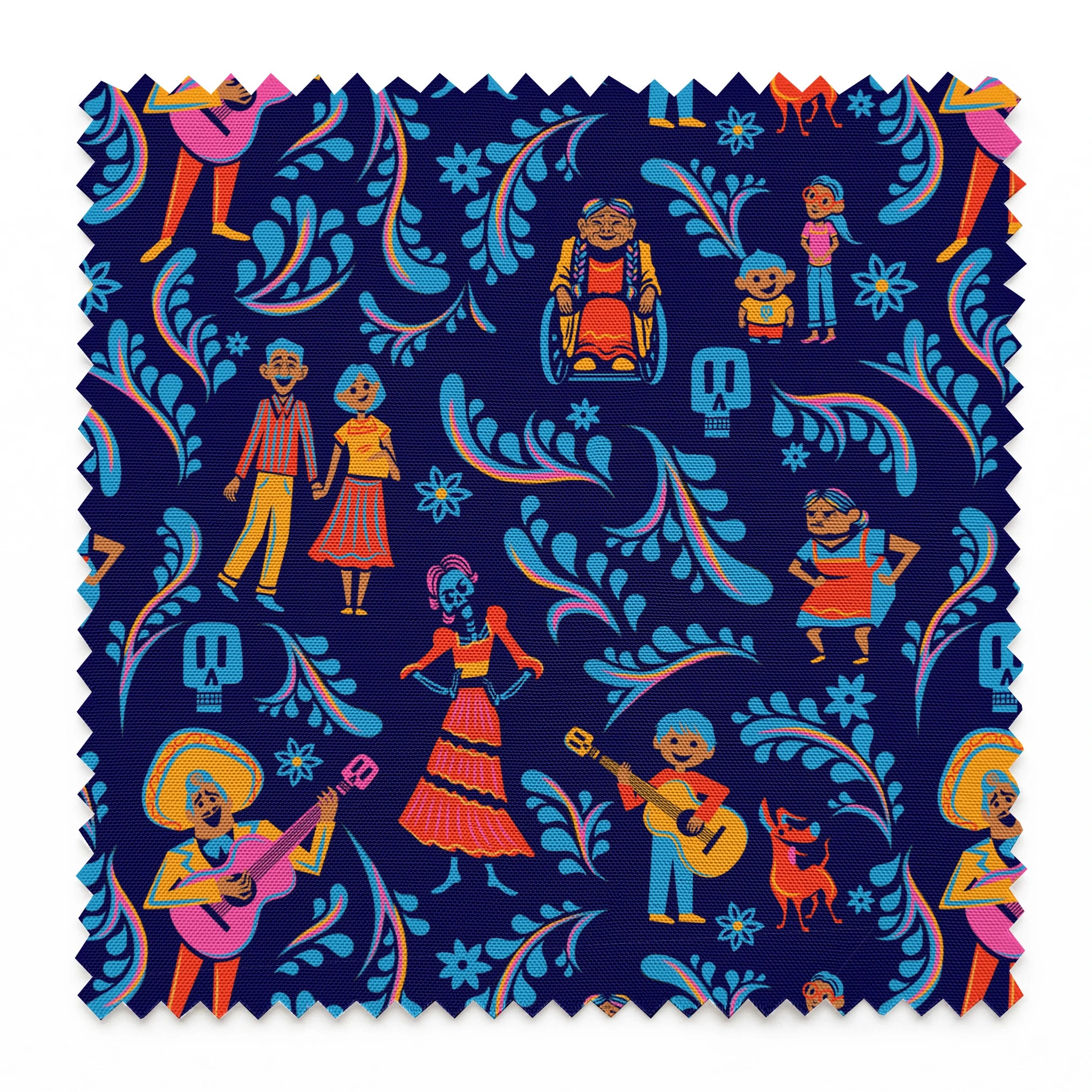 Colorful Coco folk art pattern with figures playing guitars, dancing, and blue skulls on dark background springs swatch pinked